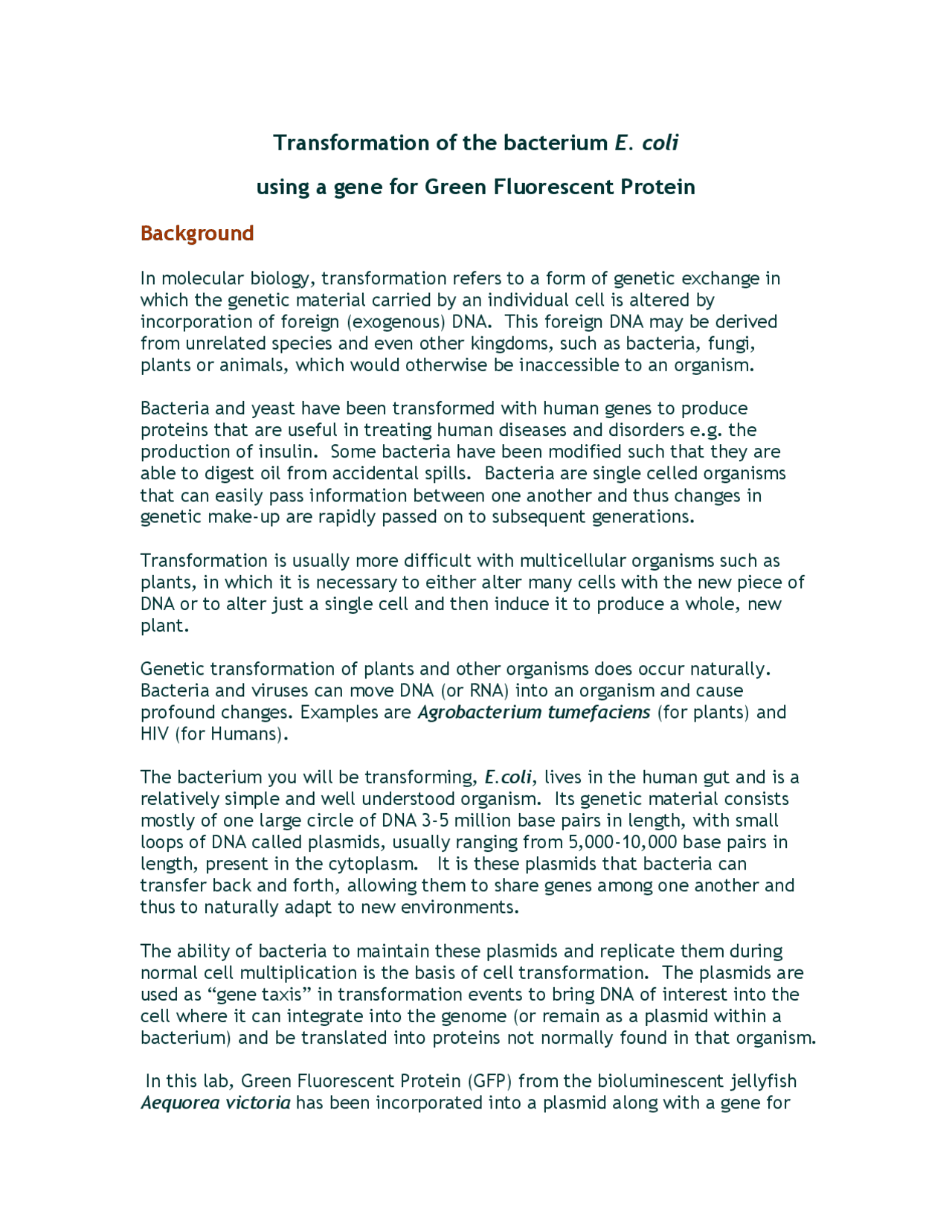 Genetic Transformation of the bacterium E. coli - Docsity