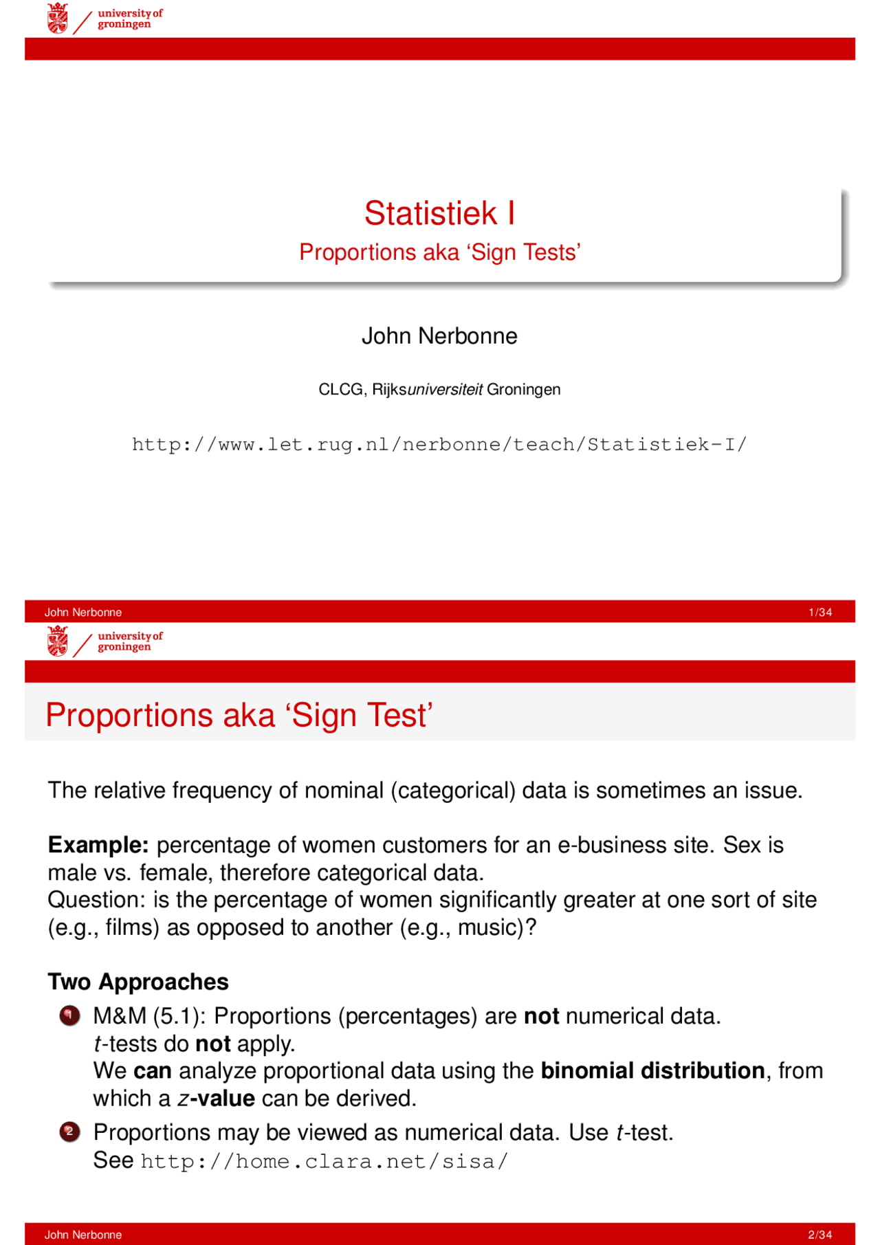 Statistiek I: Proportions aka ‘Sign Tests’ - Docsity