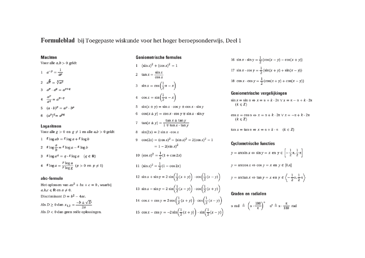 Formules bij Toegepaste wiskunde voor het hoger beroepsonderwijs