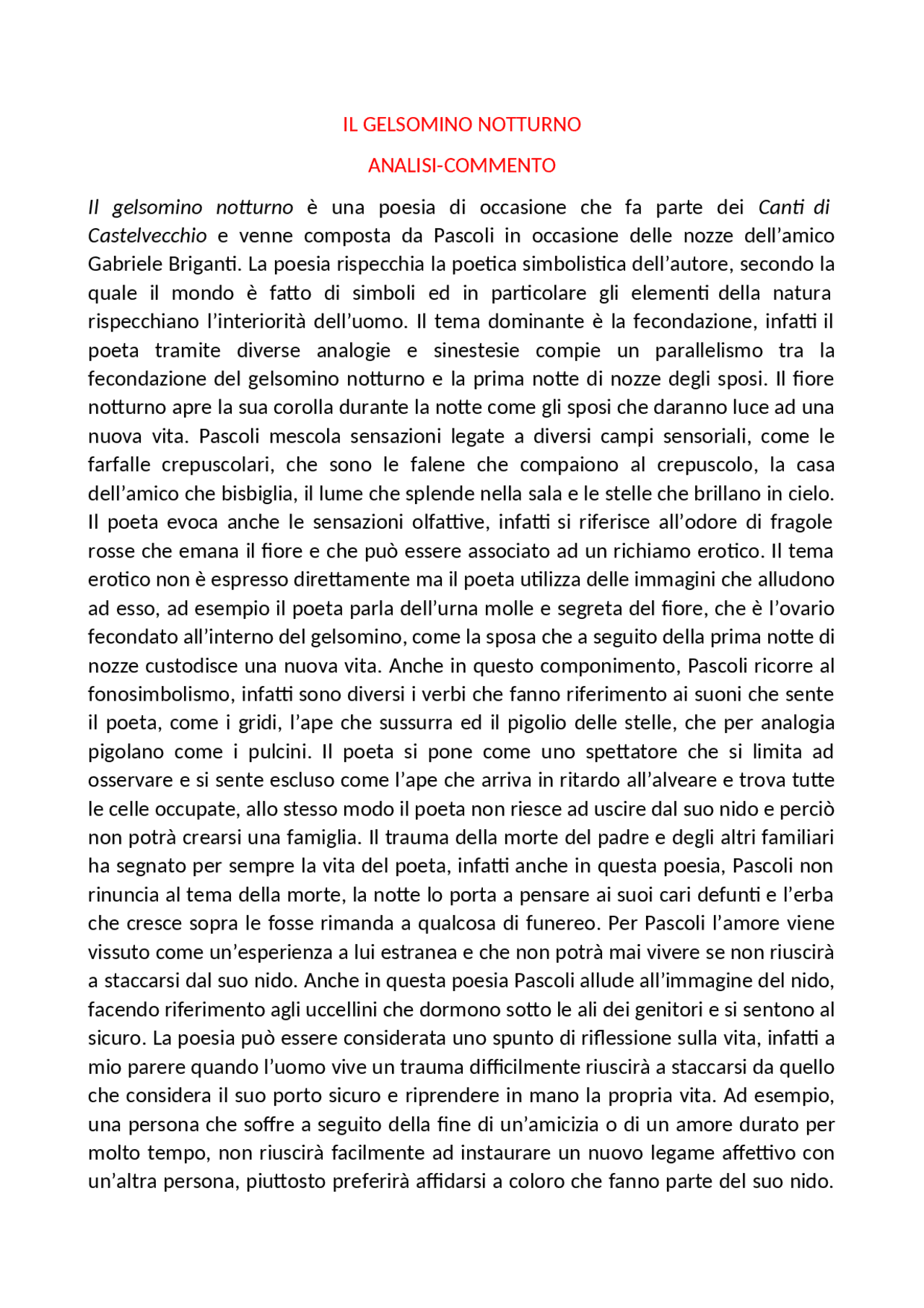 Analisi Il gelsomino notturno Appunti di