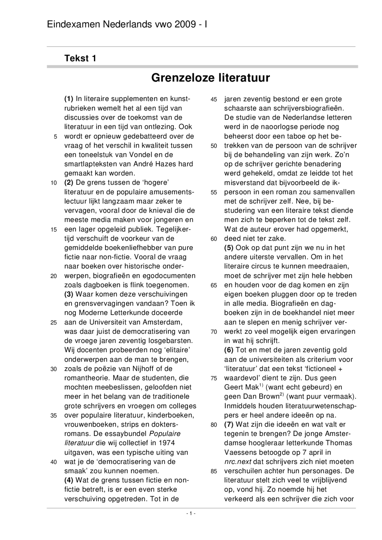 Examen Nederlands vwo 2009 I (Literatuur) Docsity