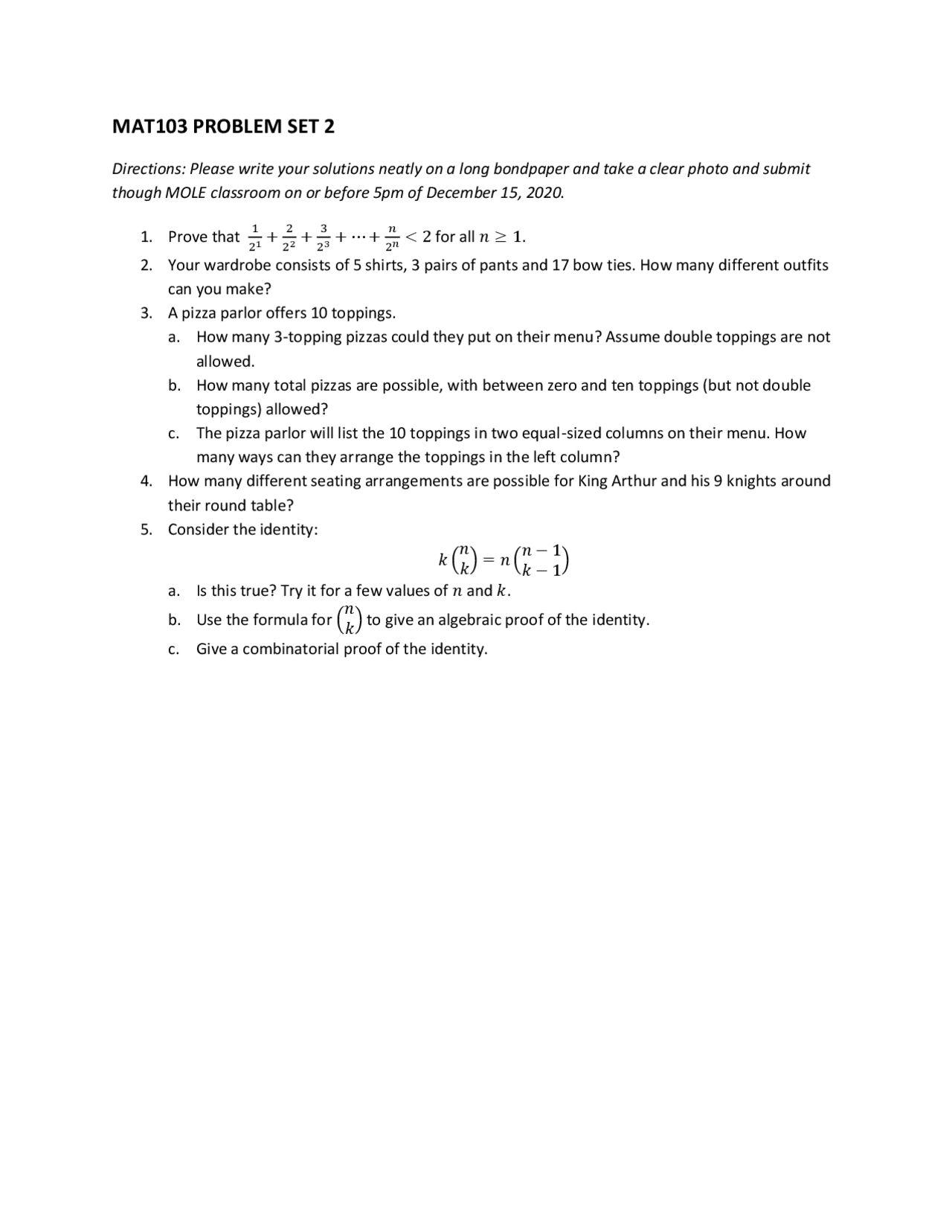 Discrete Math Problem Set | Exercises Mathematical logic | Docsity