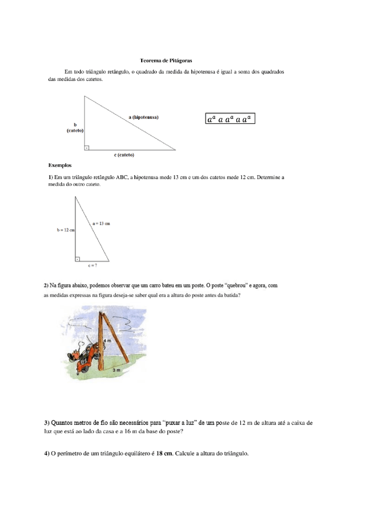 Exercícios Teorema de Pitágoras | Exercises Mathematics | Docsity