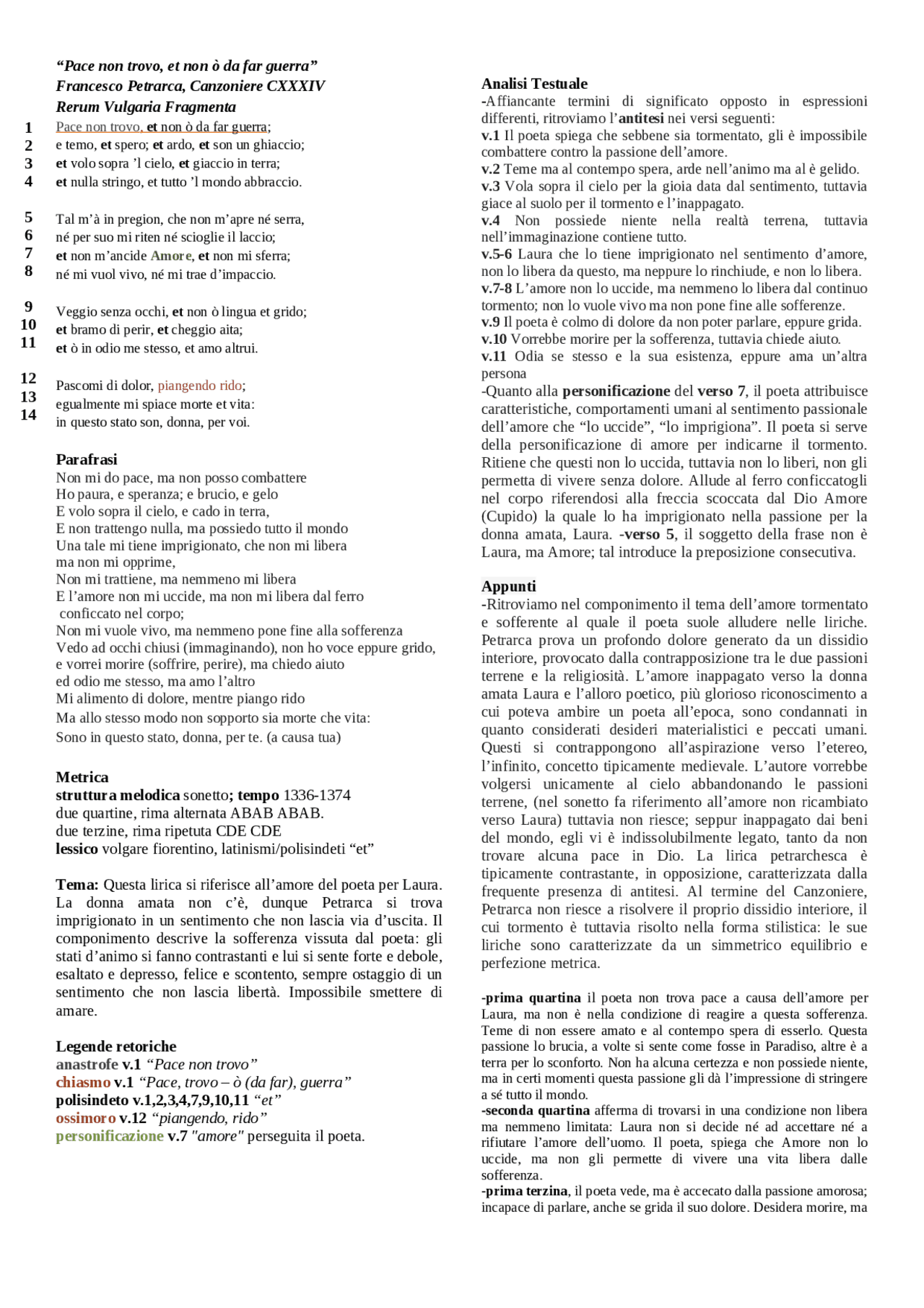 Petrarca pace non trovo e non ò da far guerra Appunti di Italiano Docsity Petrarca pace non trovo e non ò da far guerra Appunti di Italiano Docsity