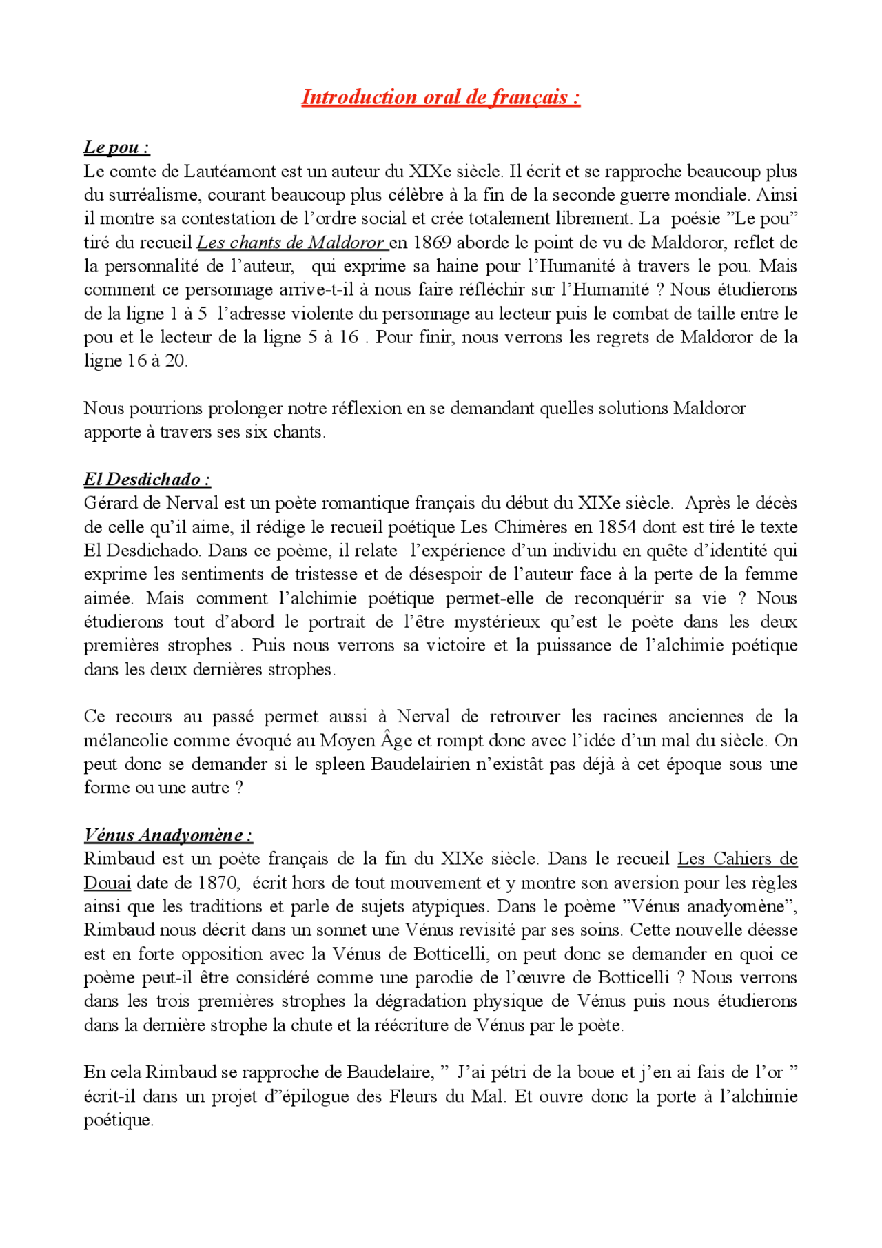 Oral Bac Francais Les Fleurs Du Mal Introduction oral de français | Notes Français | Docsity
