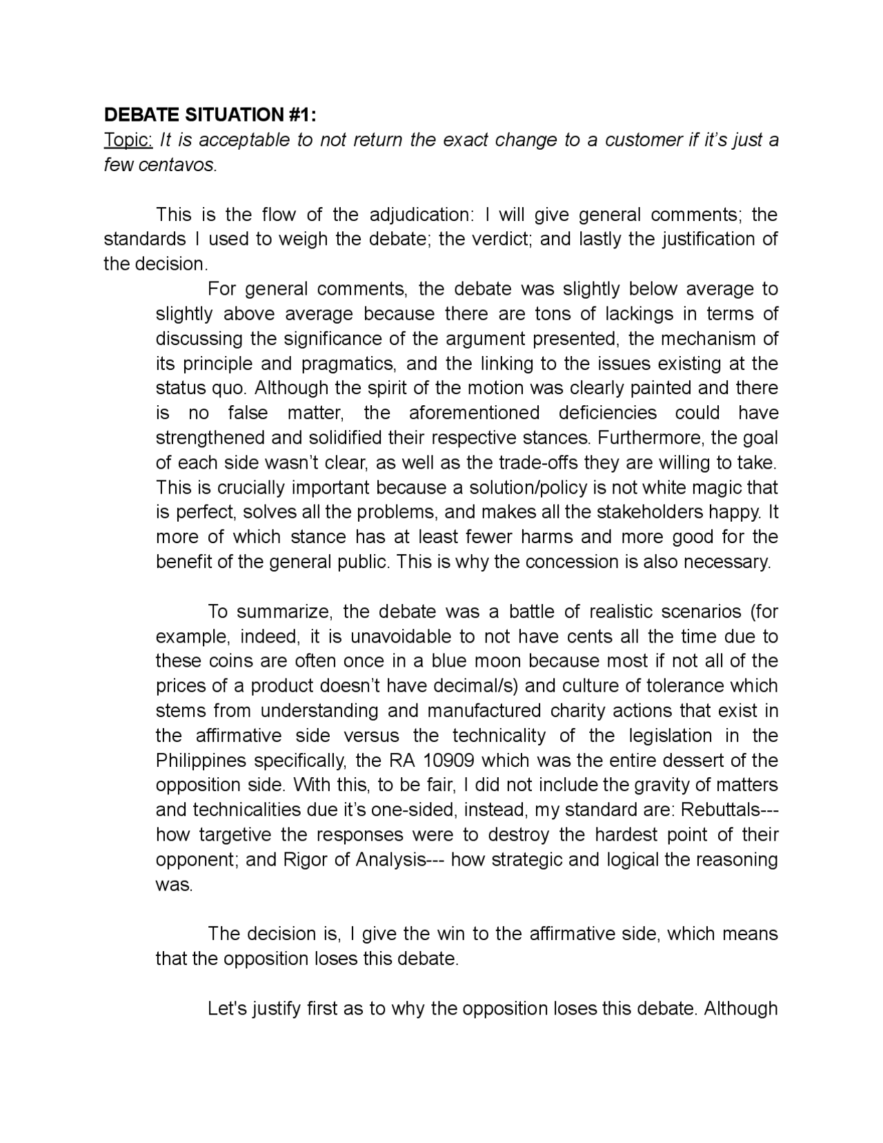 DEBATE ADJUDICATION SAMPLE | Exercises English | Docsity