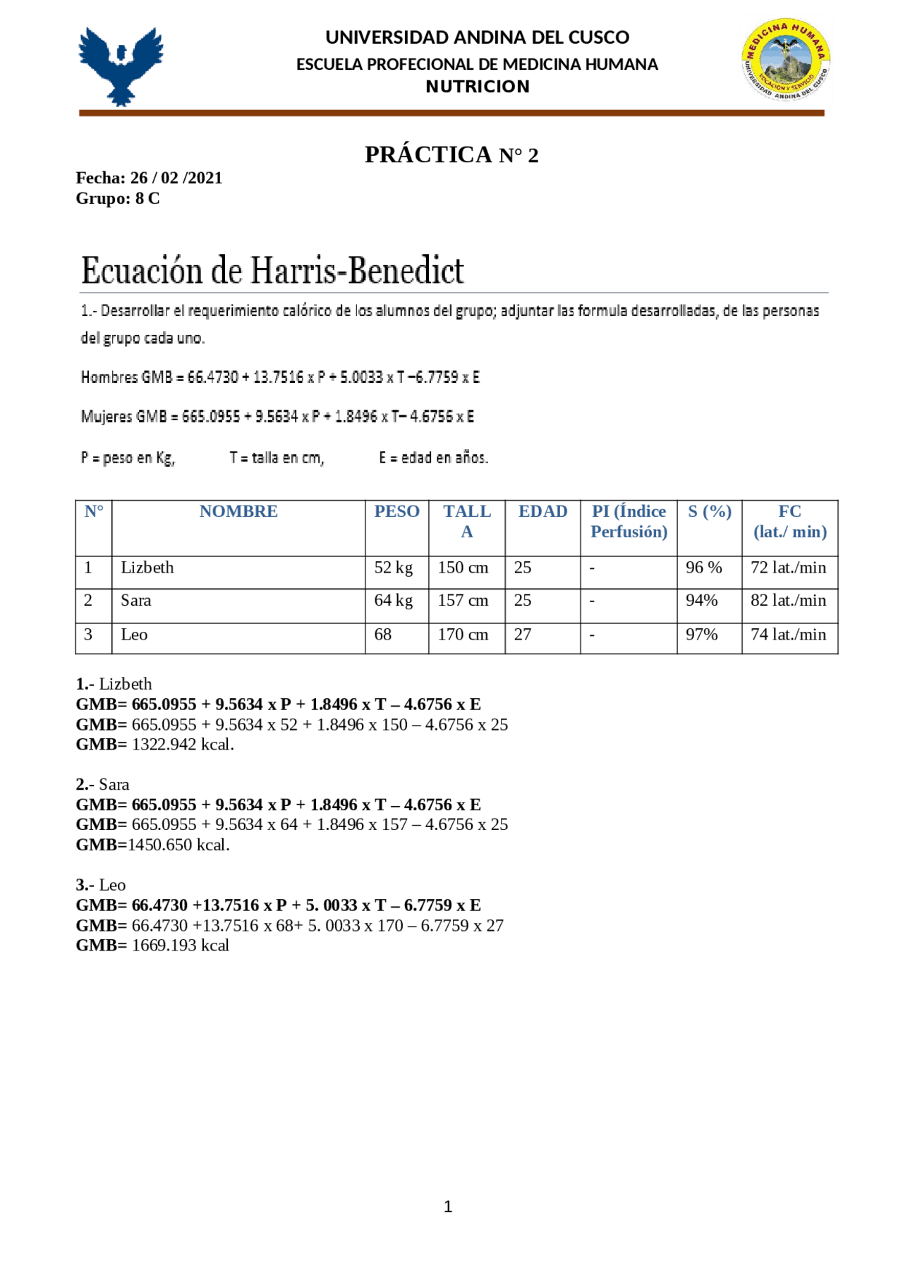 Requerimiento calórico ecuación de Harris Benedict