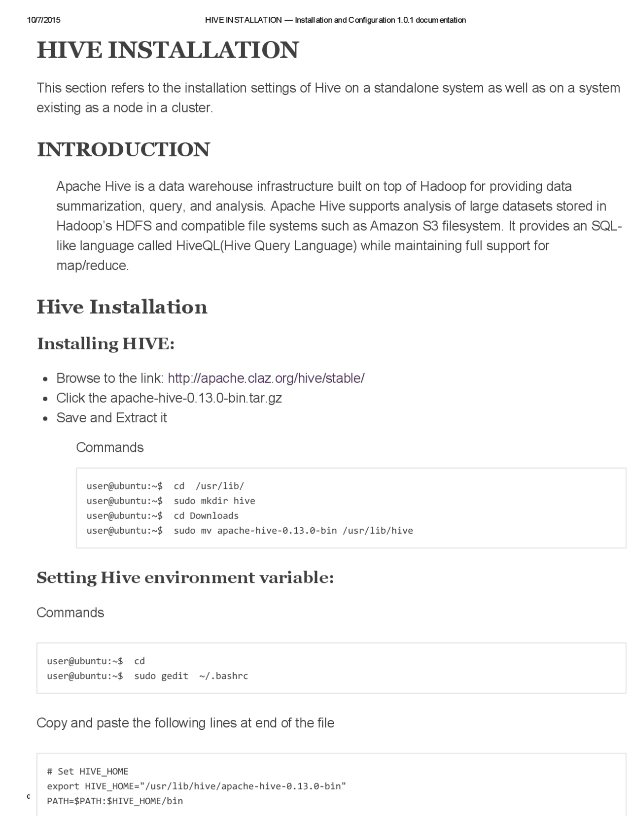 Hive installing and running - Docsity