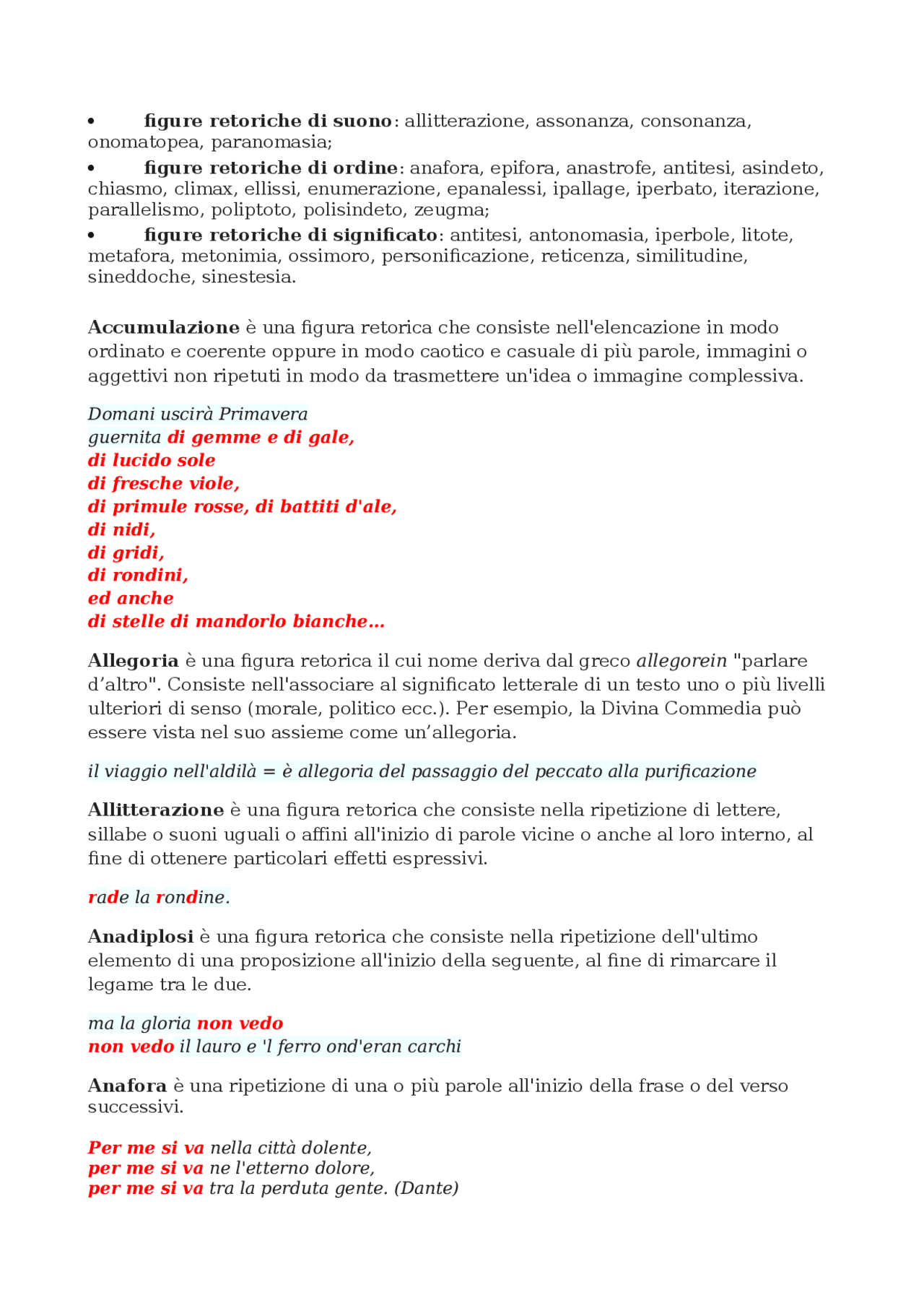 Schema delle principali figure retoriche in italiano - Docsity
