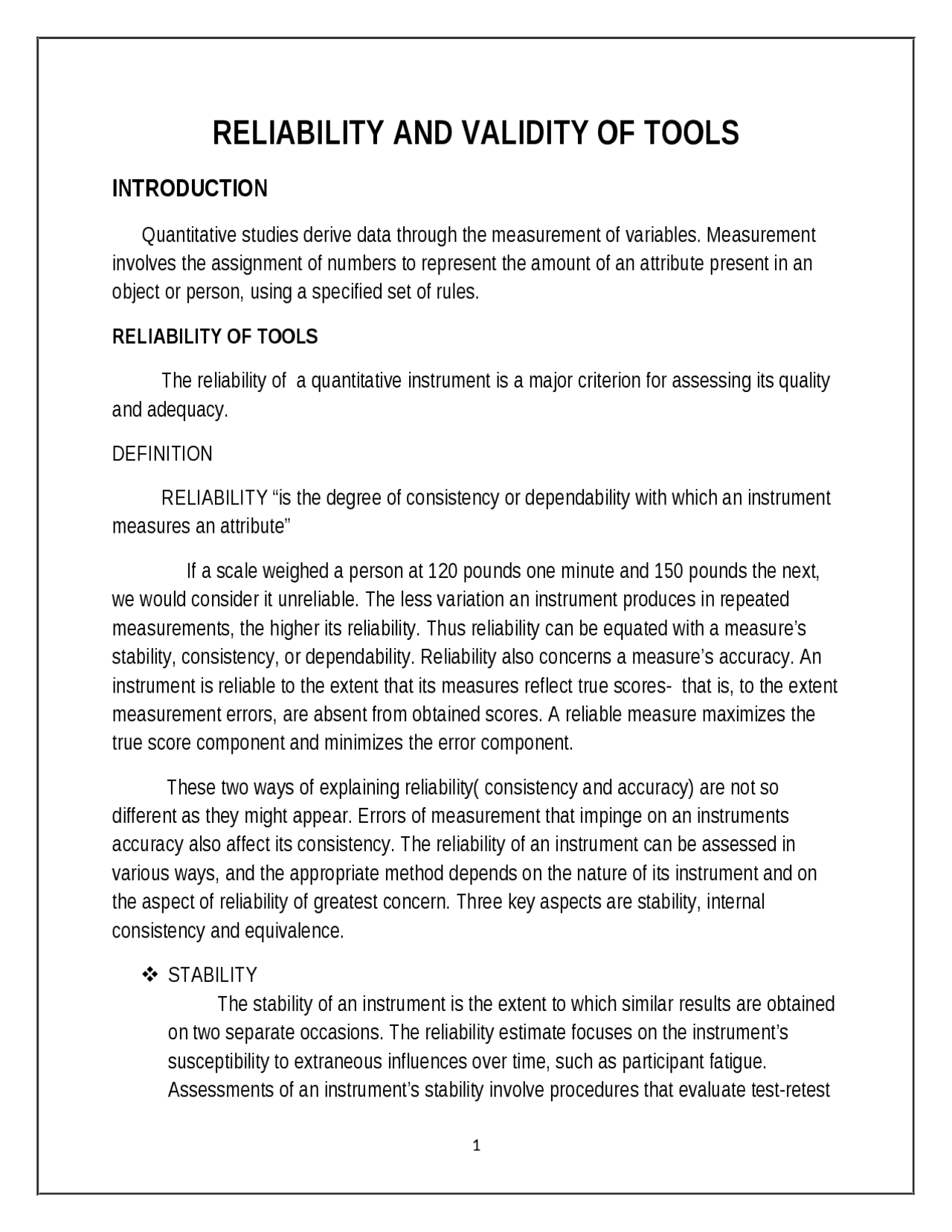 RELIABILITY AND VALIDITY - Docsity
