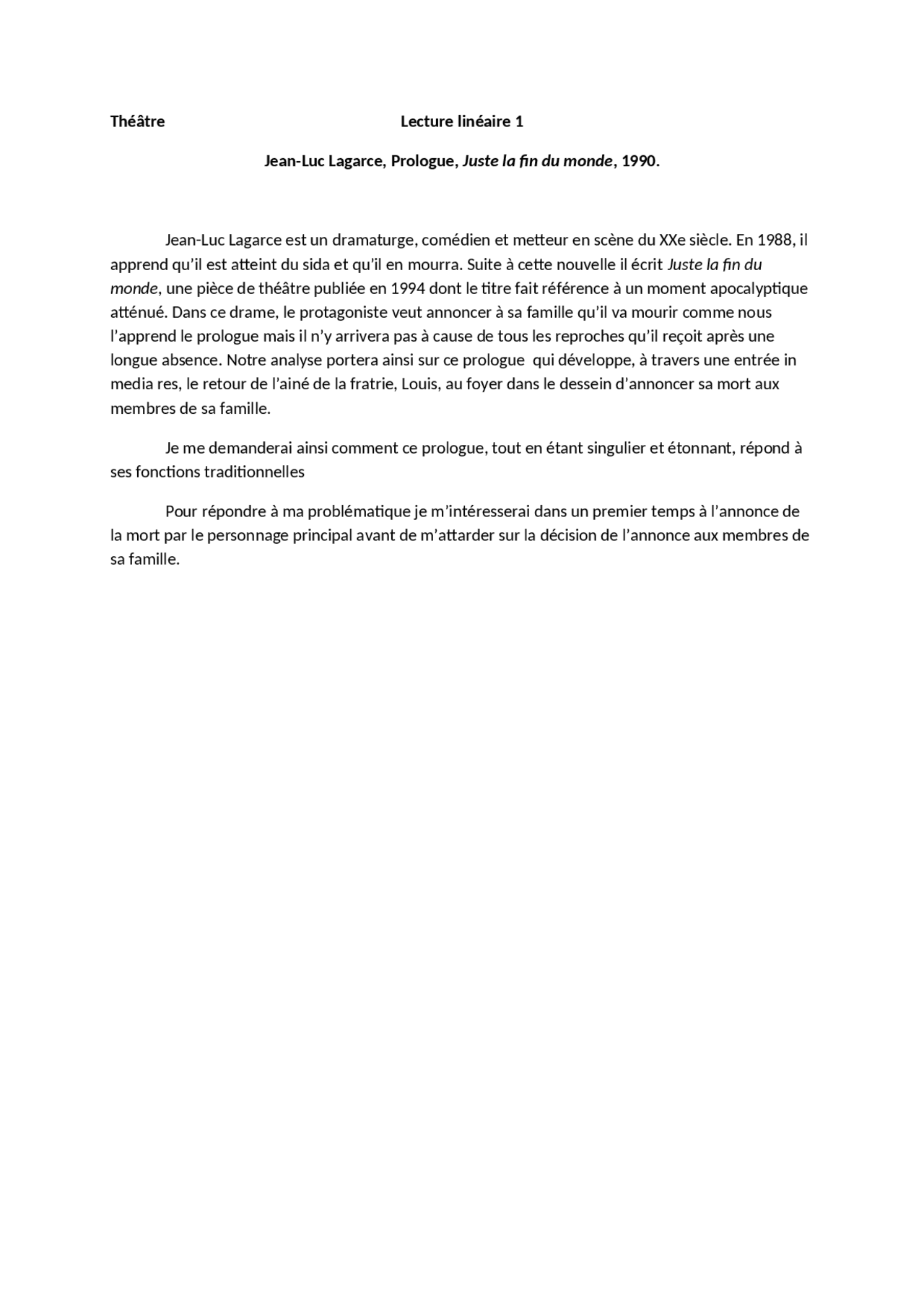 Introductio à l'analyse du prologue de Juste la fin du monde Docsity Introductio à l'analyse du prologue de Juste la fin du monde Docsity