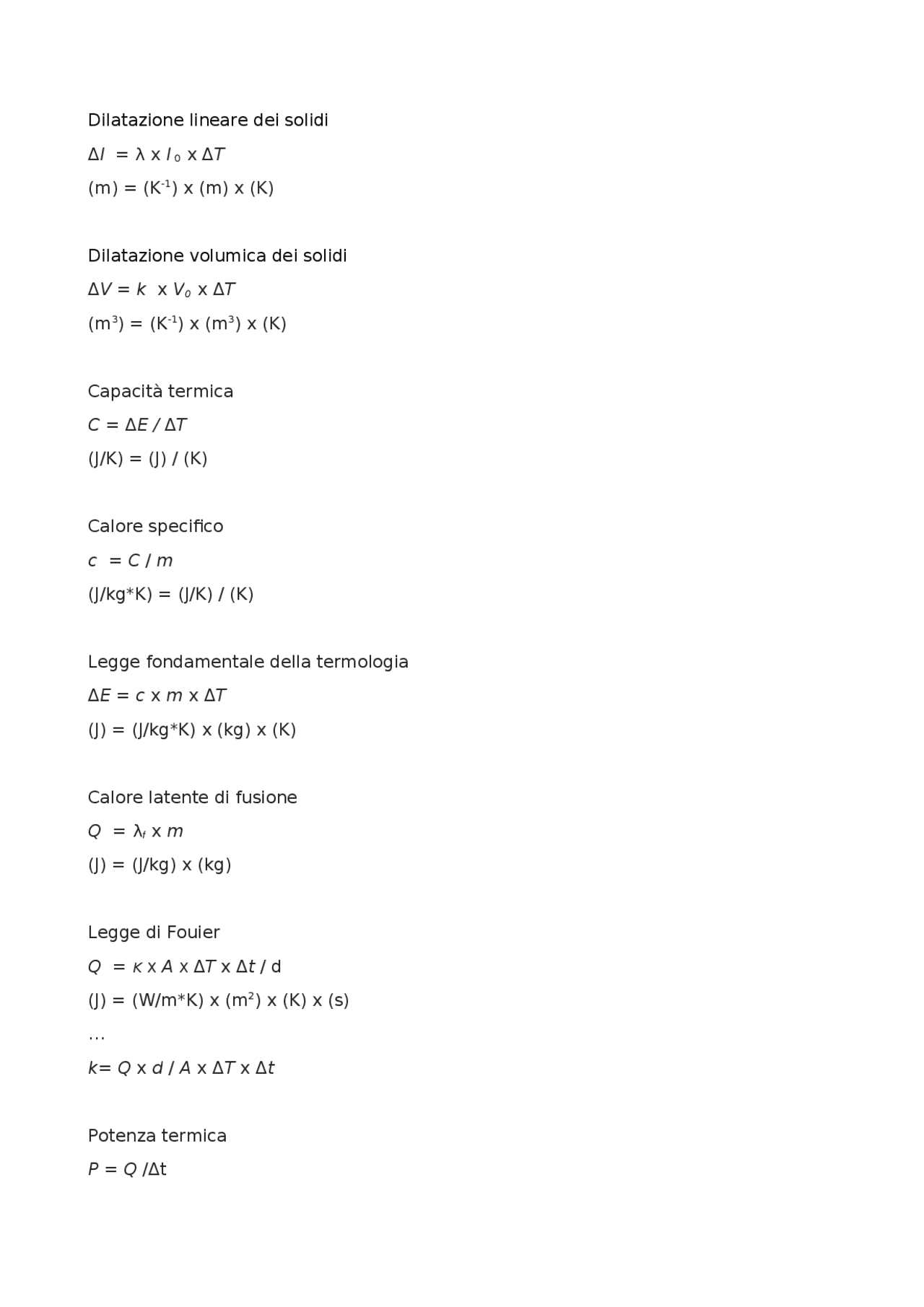 Formule del calorefisica Docsity