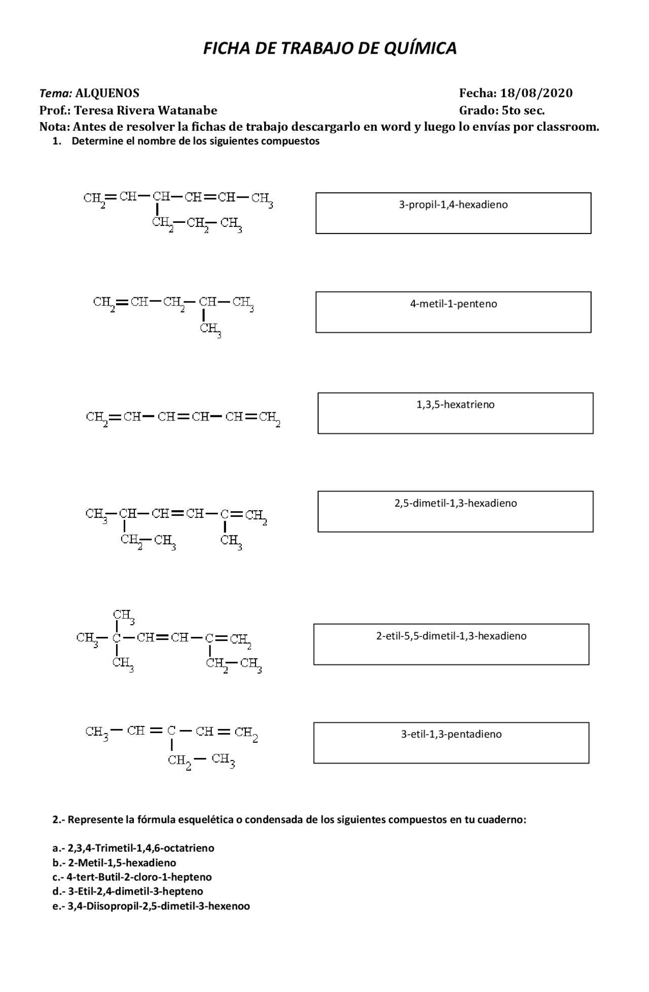 Alquenos Quimica Ficha Docsity