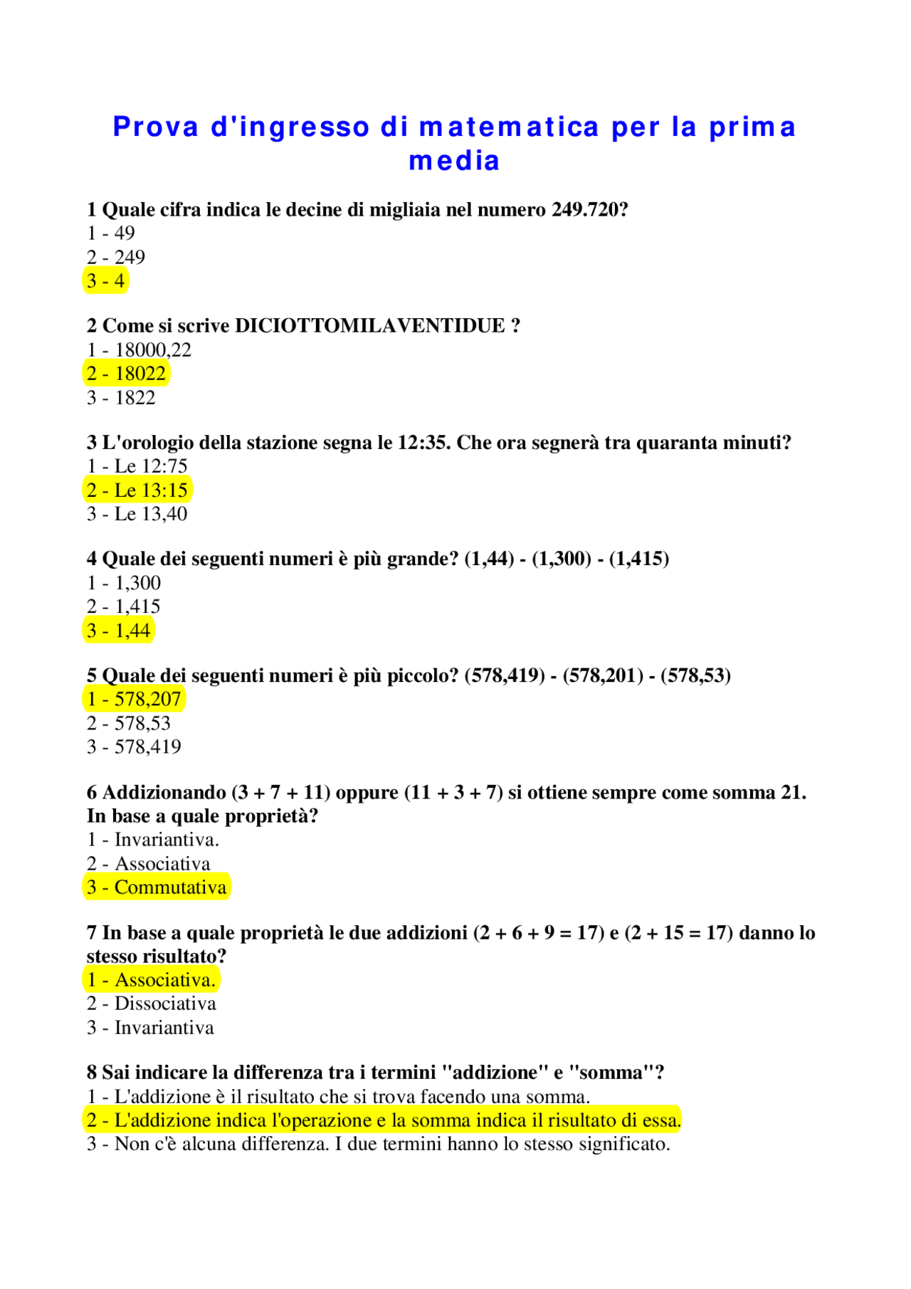 Test Matematica Esercizi, test e soluzioni di matematica | Appunti di Matematica - Docsity
