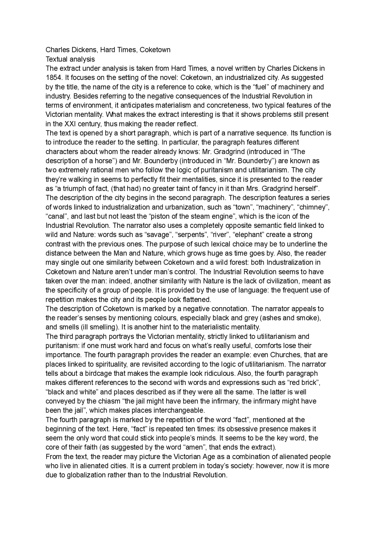 Analisi in inglese di coketown Dickens - Docsity