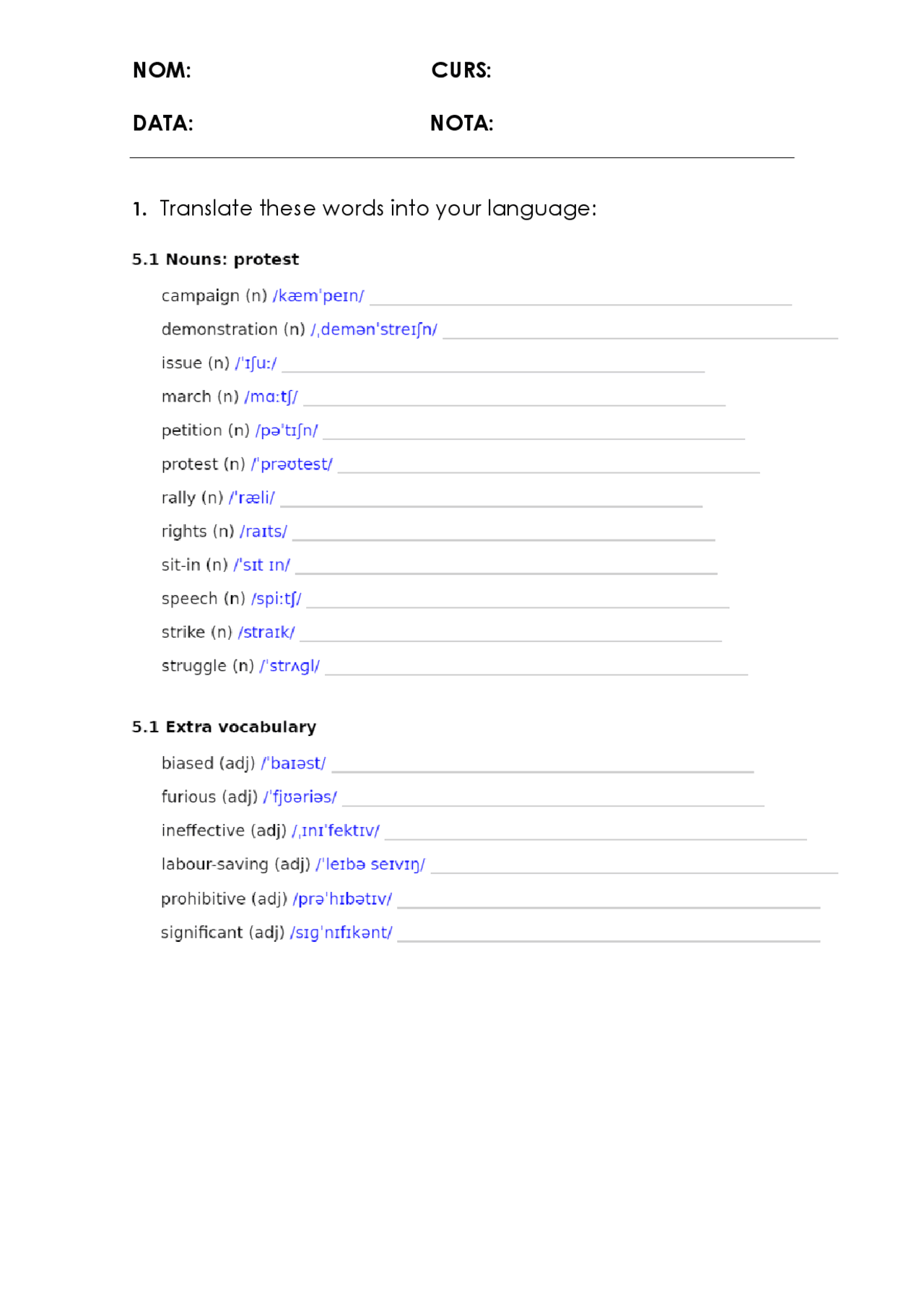 Dynamic vocabulary exercices U5 (4 ESO) - Docsity