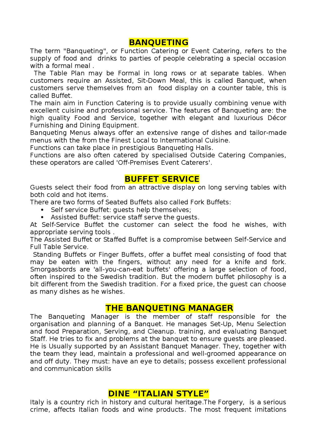 understanding banquet event orders | pdf | menu |... BANQUETING, buffet service, the BANQUETING manager - Docsity