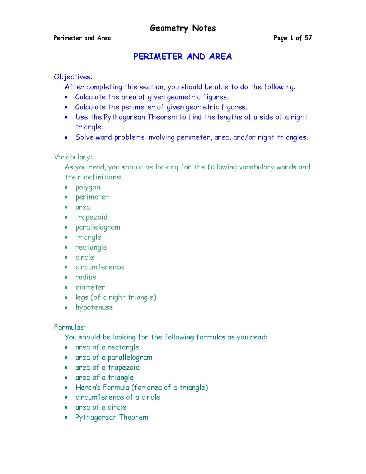 Area Study Notes Geometry Notes on Perimeter and Area - Docsity