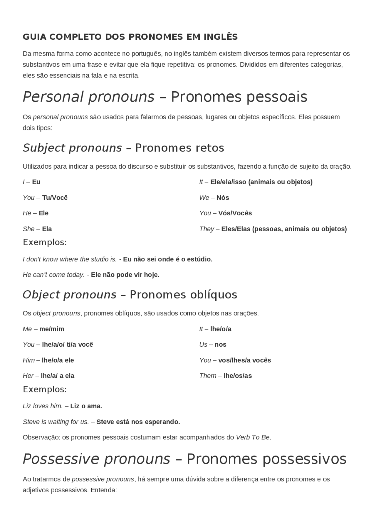 Guia dos Pronomes em Inglês - Docsity