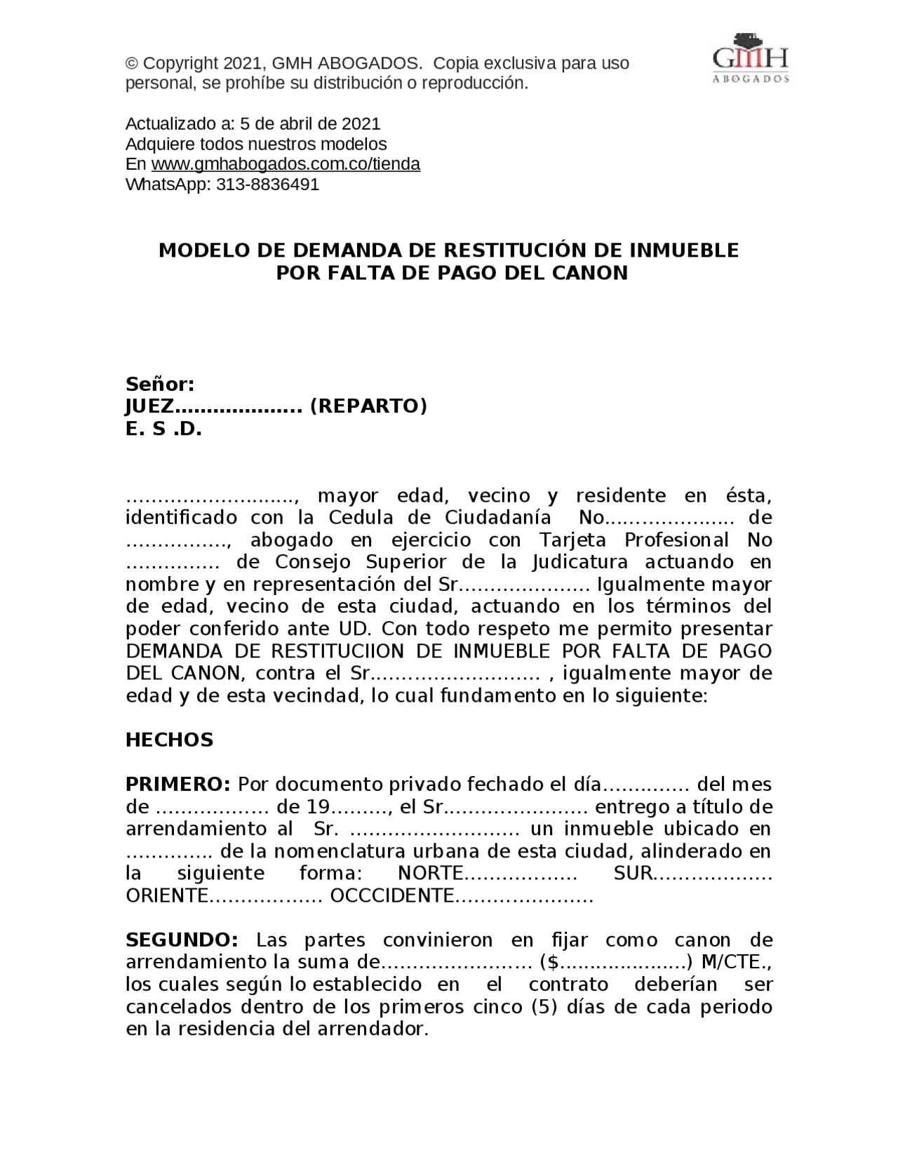 RESTITUCIÓN DE INMUEBLE ARRENDADO - Docsity