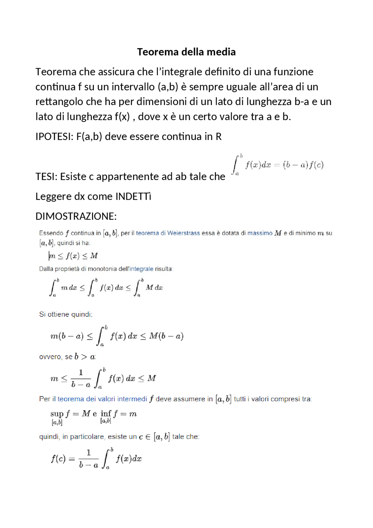 Dimostrazione Teorema della media Appunti di Matematica Docsity