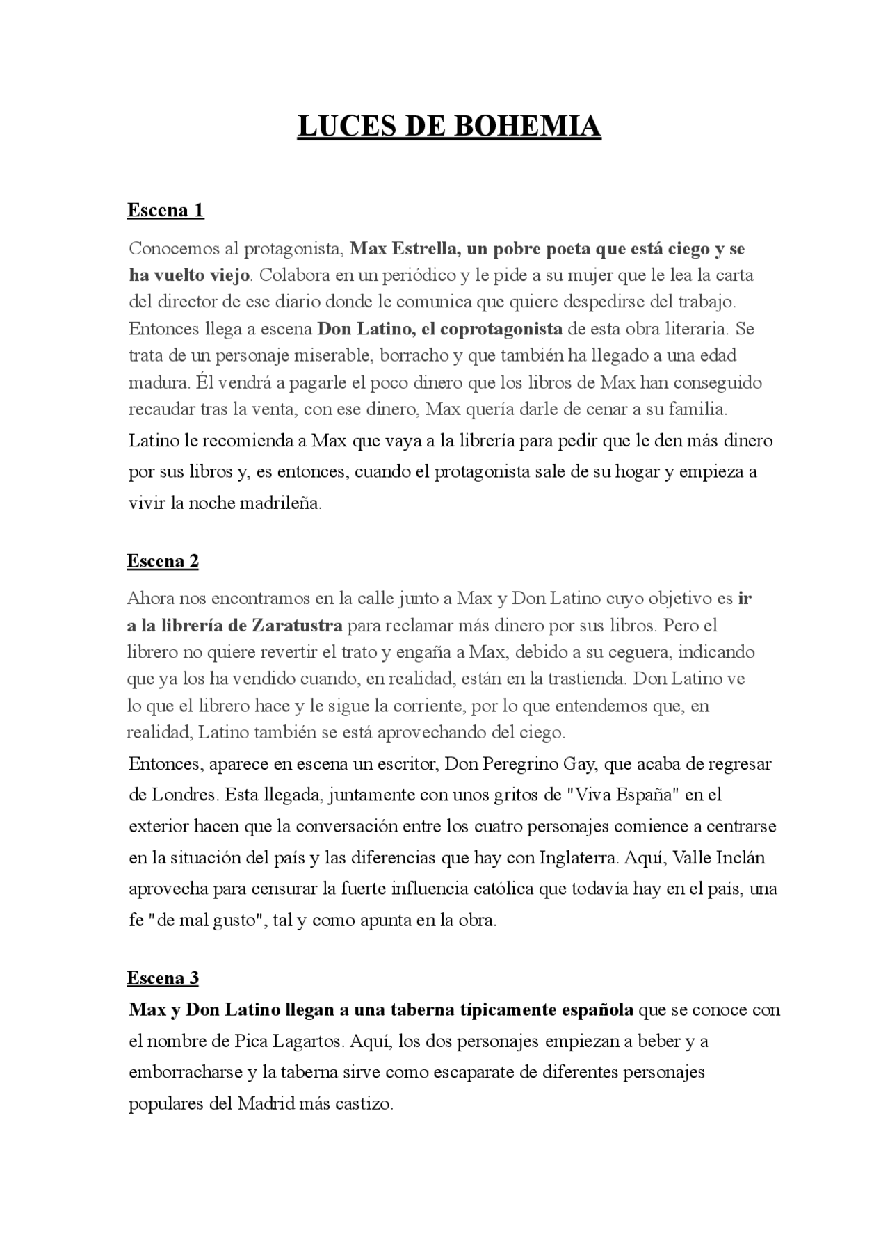 Luces De Bohemia Resumen Por Escenas Docsity