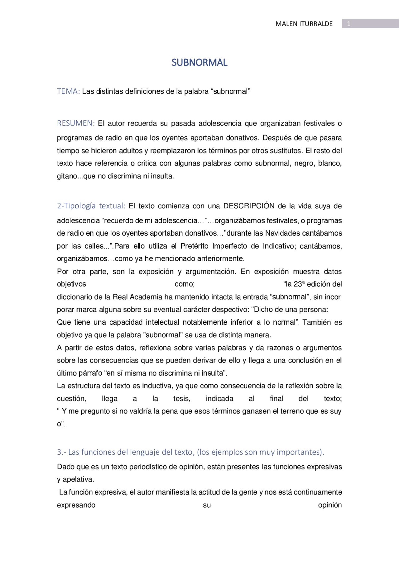 SUBNORMAL TEXTO. He escrito yo y tiene algunos fallos. - Docsity