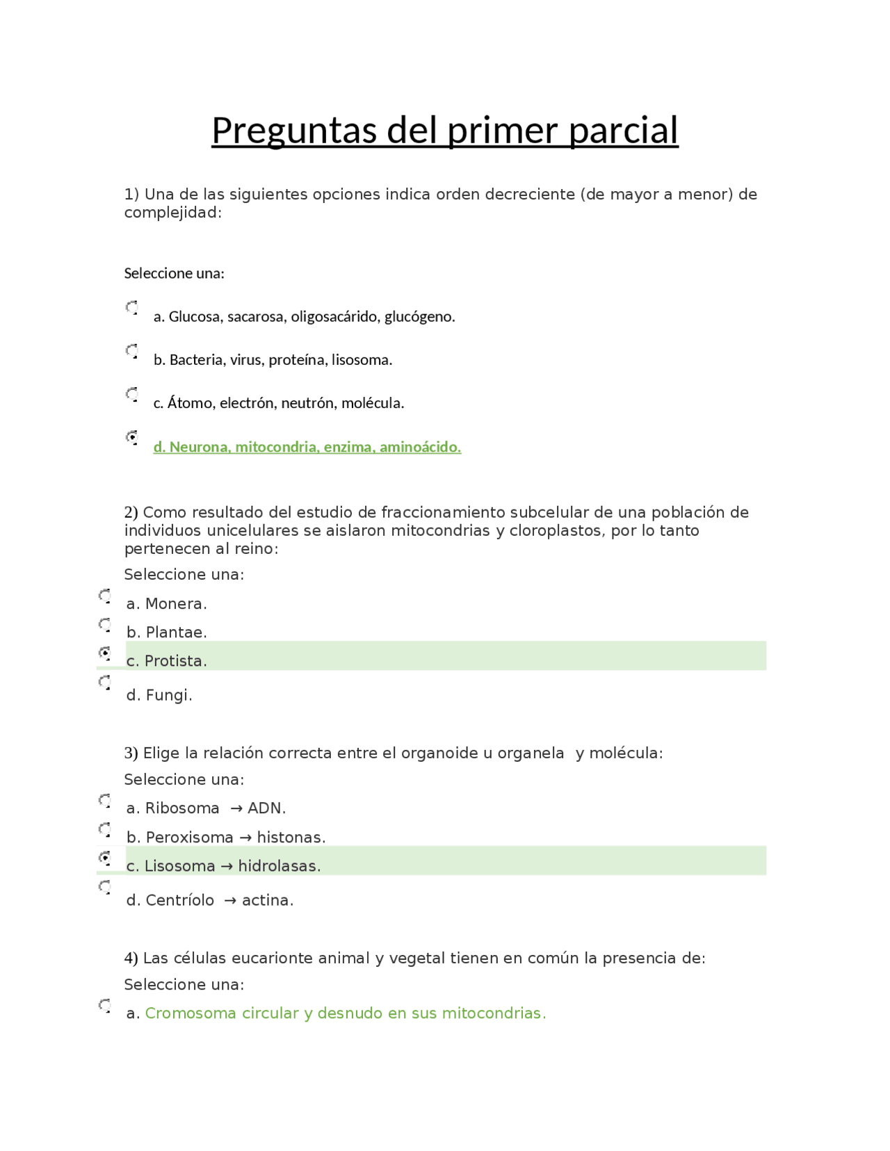 preguntas del parcial biologia celular (08) | Exámenes de Biología | Docsity