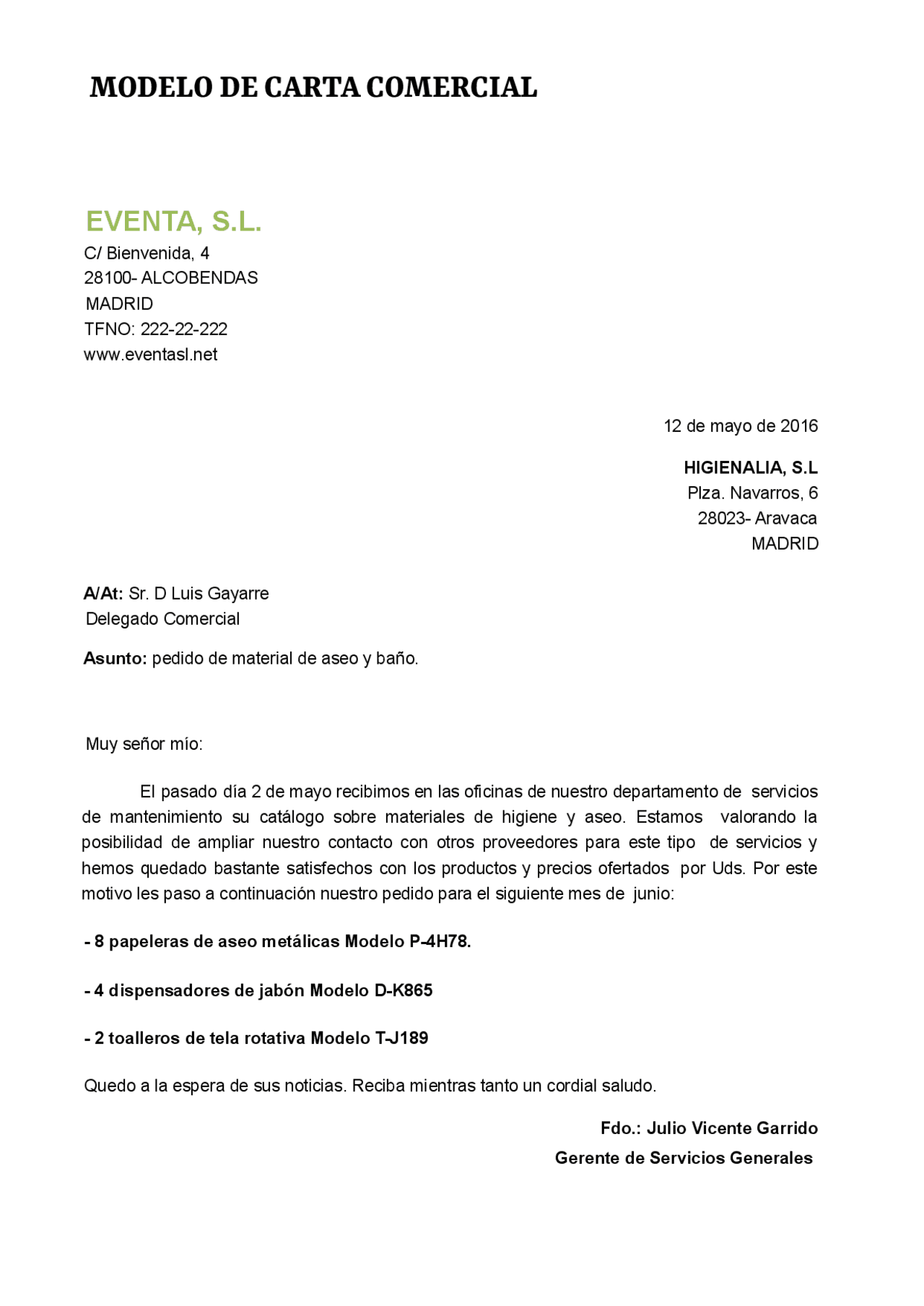 Modelo carta comercial | Apuntes de Economía de la Empresa | Docsity