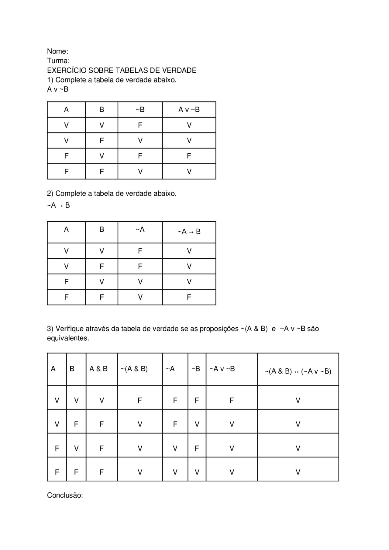 Exercícios Tabela da Verdade | Provas Filosofia | Docsity