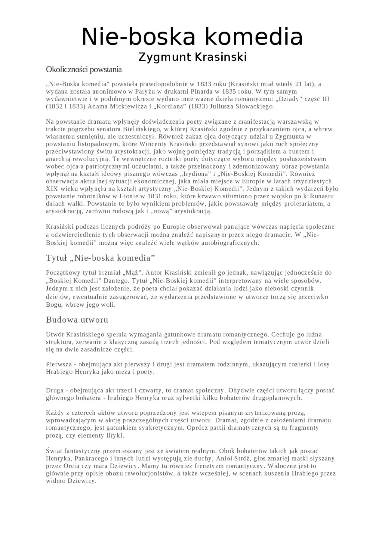 Notatki "Nie-Boska komedia" Zygmunt Krasiński - Docsity