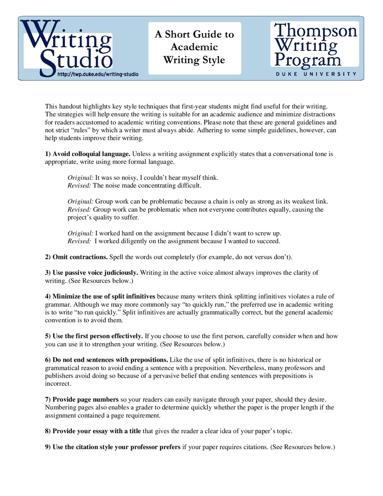 Academic Style Worksheets.pdf A short guide to academic writing style - Docsity