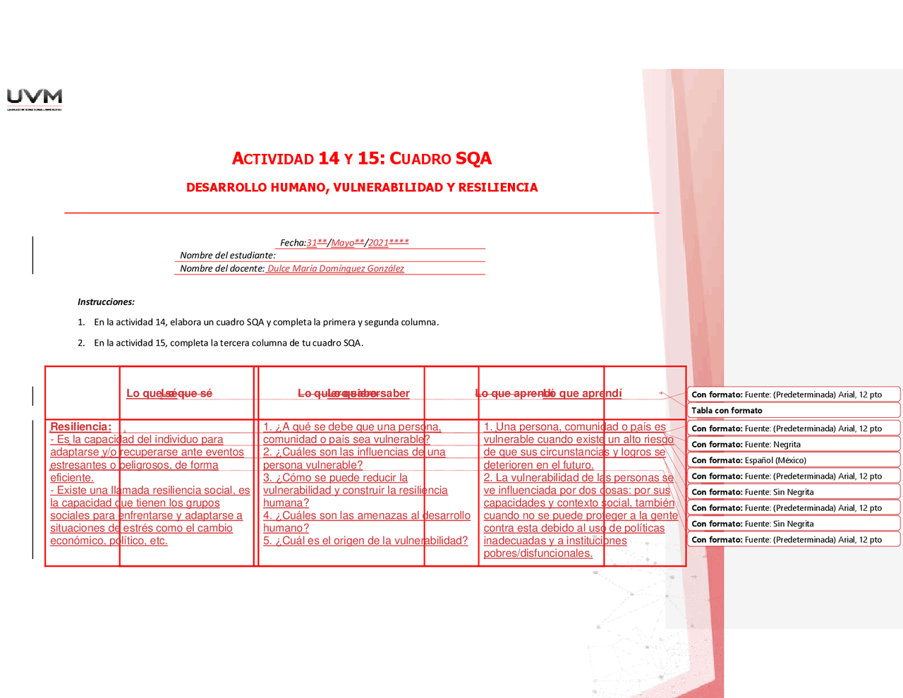 Actividad 14 y 15 Desarrollo Humano UVM - Cuadro SQA | Esquemas y mapas ...
