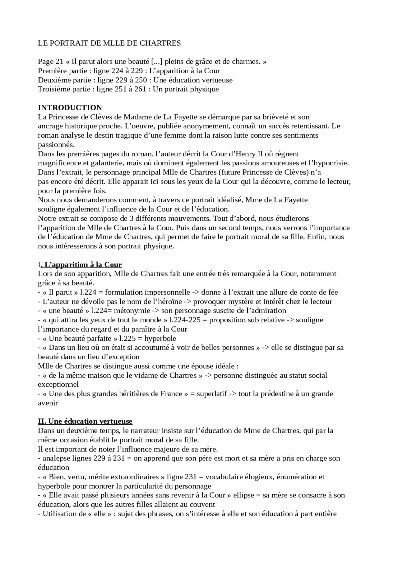 Portrait De Mlle De Chartres Analyse Linéaire Lecture linéaire portrait mdm de Chartes | Lectures Français | Docsity