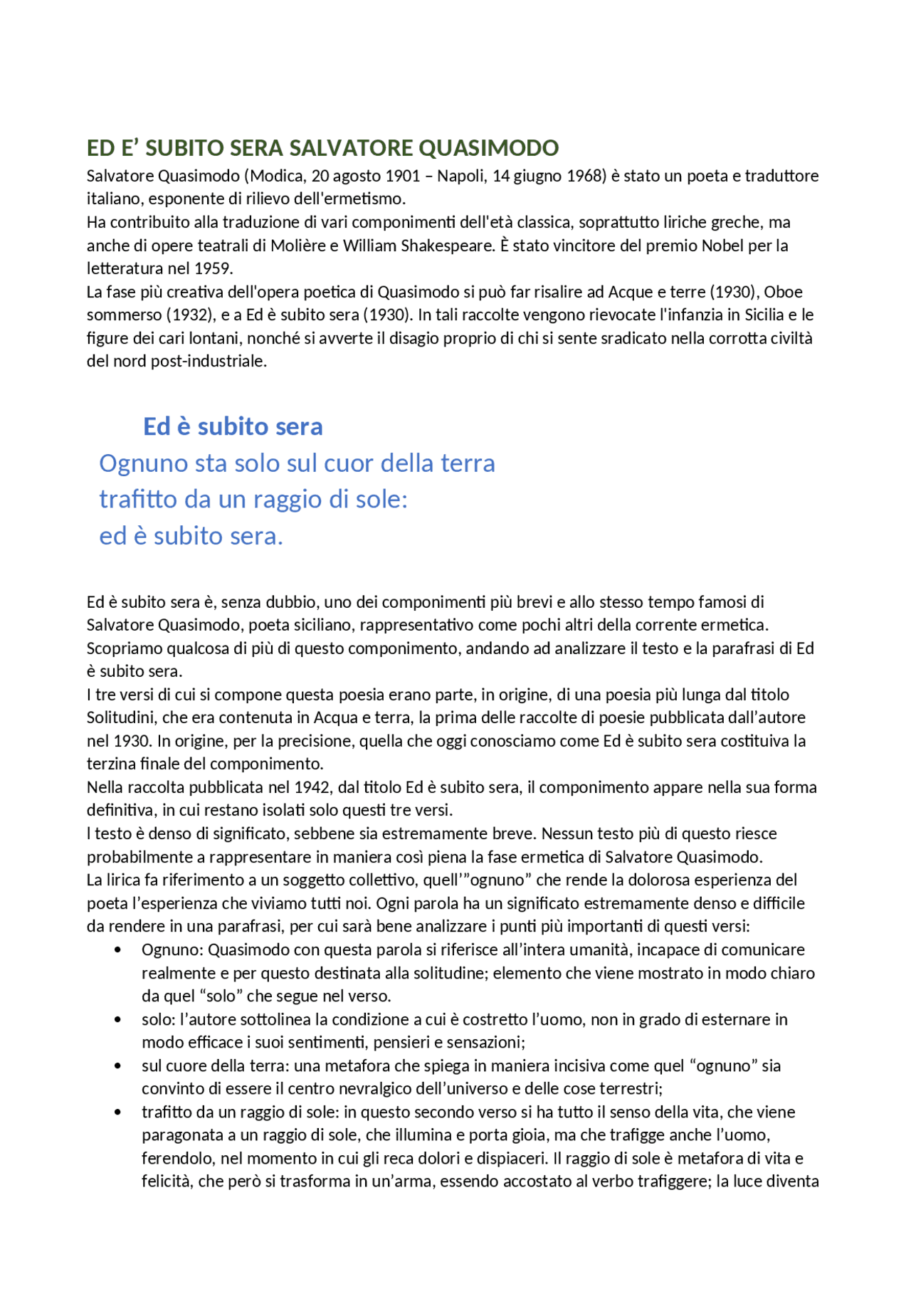 La poesia Ed è subito sera di Salvatore Quasimodo Docsity La poesia Ed è subito sera di Salvatore Quasimodo Docsity