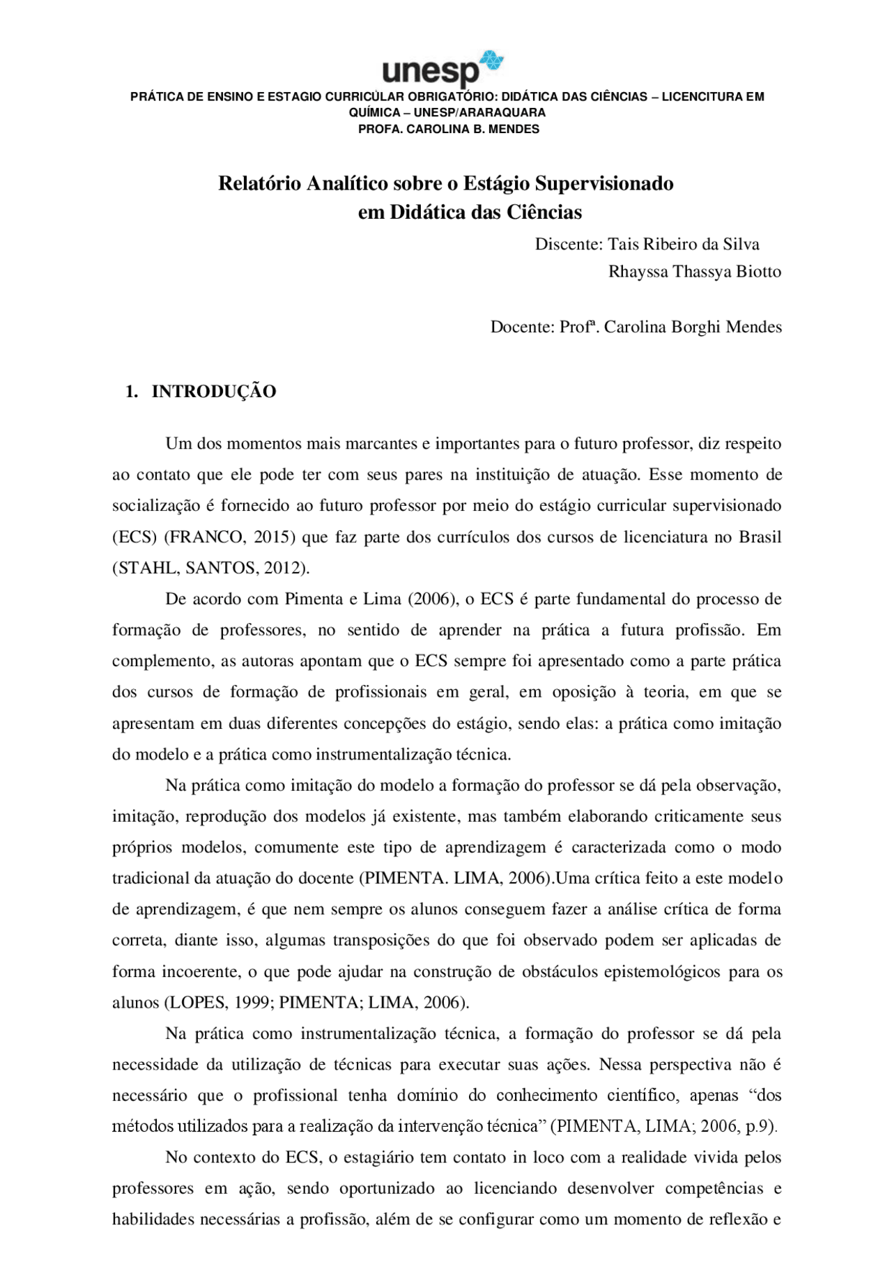 Relatório de Estágio - Didática - Docsity