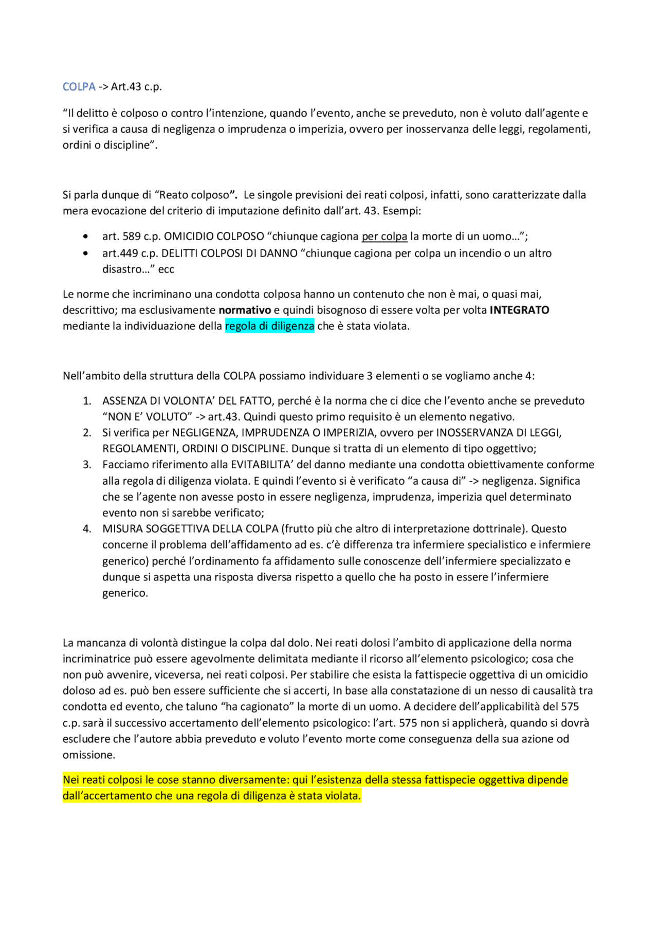 Sbobina COLPA diritto penale Lo Monte Docsity