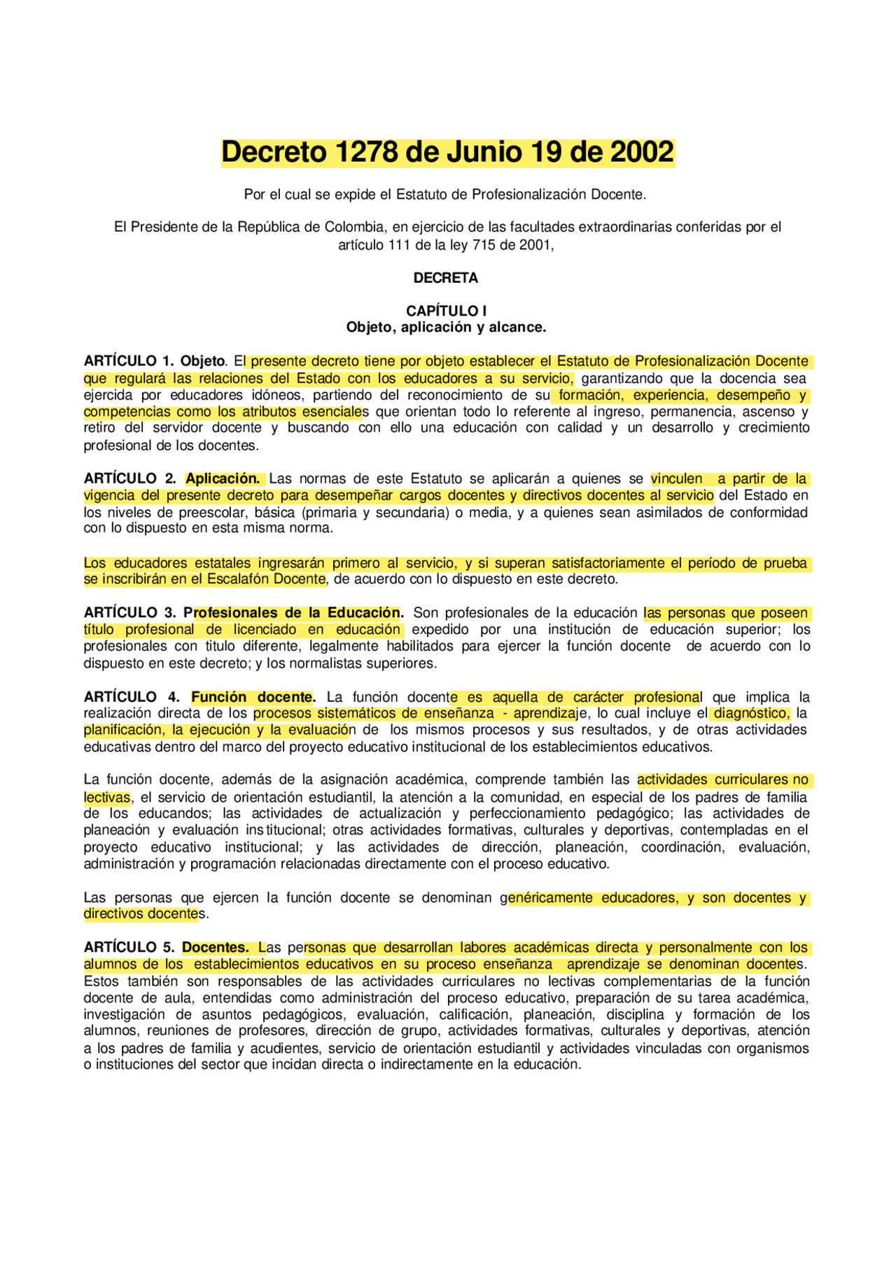 Decreto 1278 Estatuto de profesionalización docente | Apuntes de Políticas  Públicas | Docsity