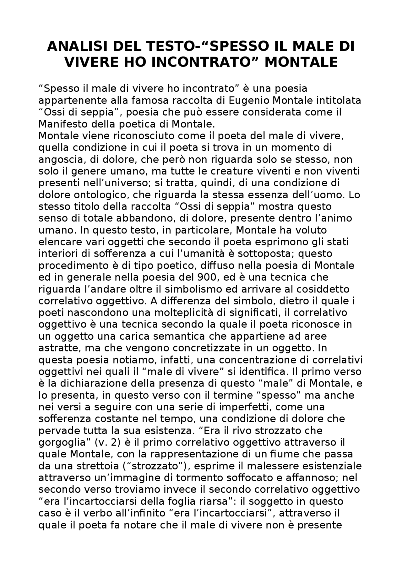 spesso il male di vivere ho incontrato testo