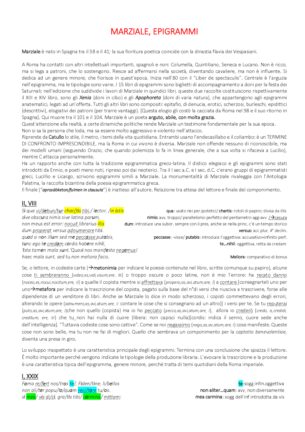 Analisi, traduzione e commento dei principali epigrammi del poeta Marziale. Appunti di Analisi, traduzione e commento dei principali epigrammi del poeta Marziale. Appunti di