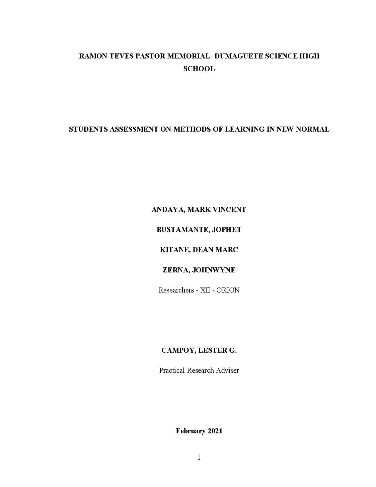 Students Assessment on Methods of Learning in New Normal Research Paper ...