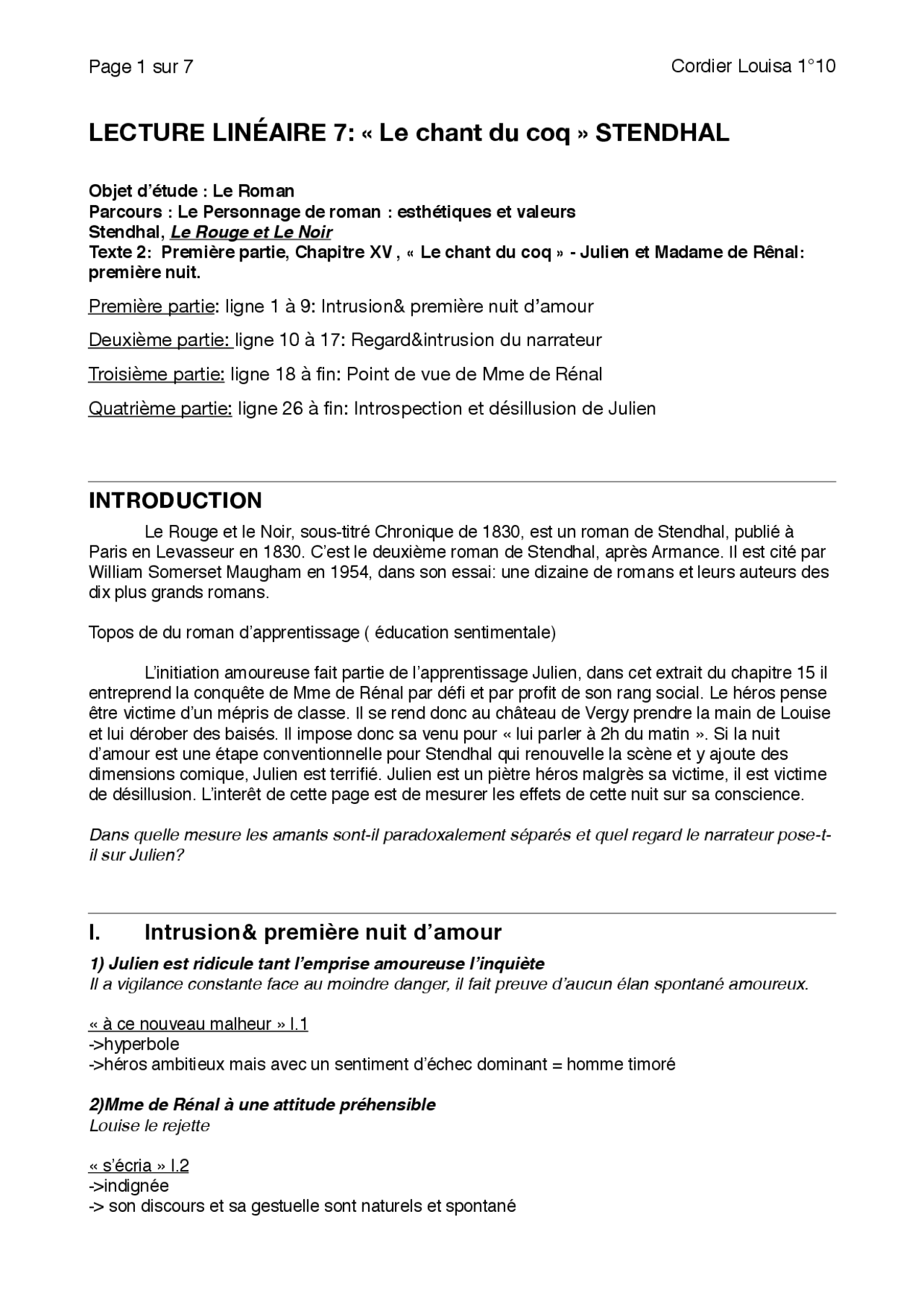 Analyse Linéaire Chapitre 10 Le Rouge Et Le Noir LECTURE LINEAIRE: LE CHANT DU COQ STENDHAL | Examens Français | Docsity