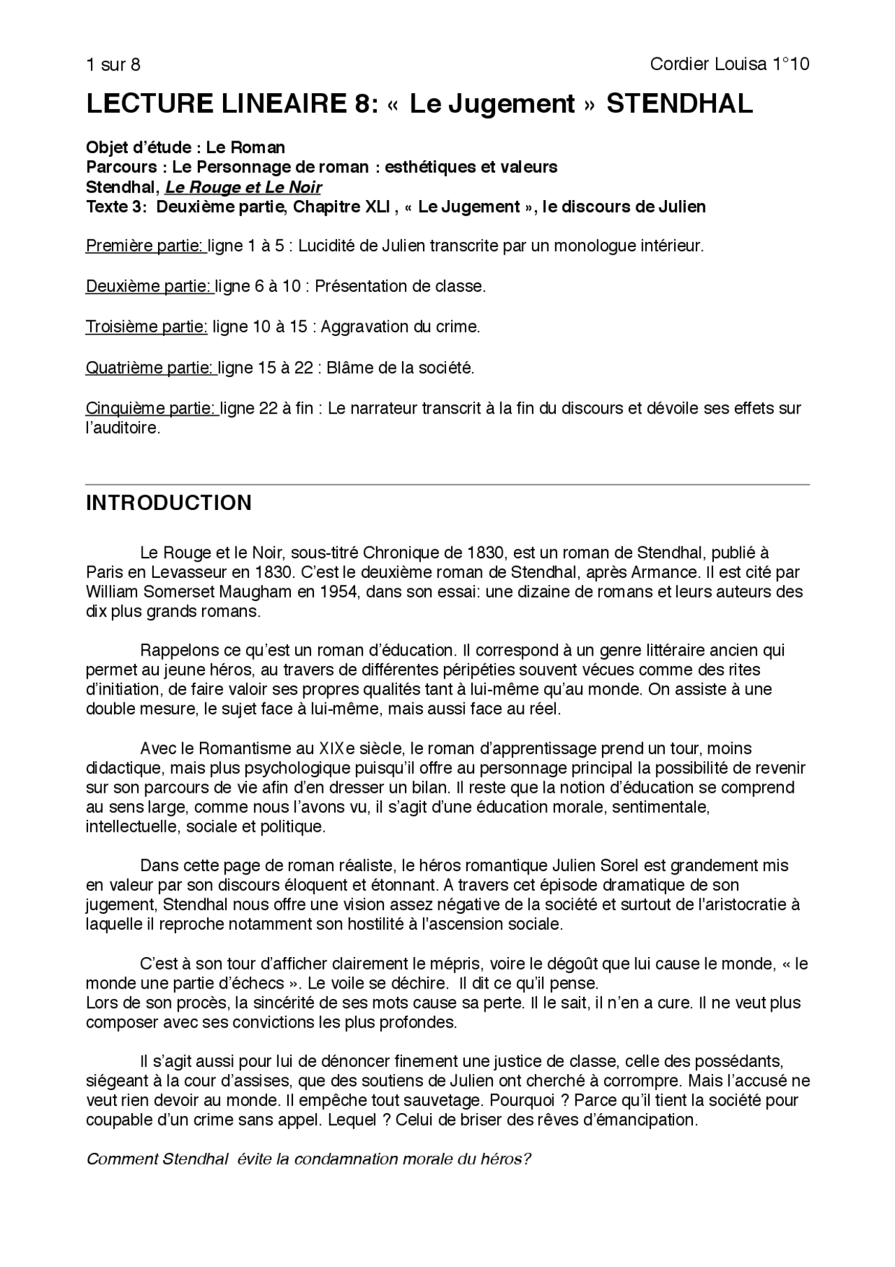 Analyse Linéaire Chapitre 10 Le Rouge Et Le Noir LECTURE LINEAIRE: LE JUGEMENT STENDHAL | Examens Français | Docsity