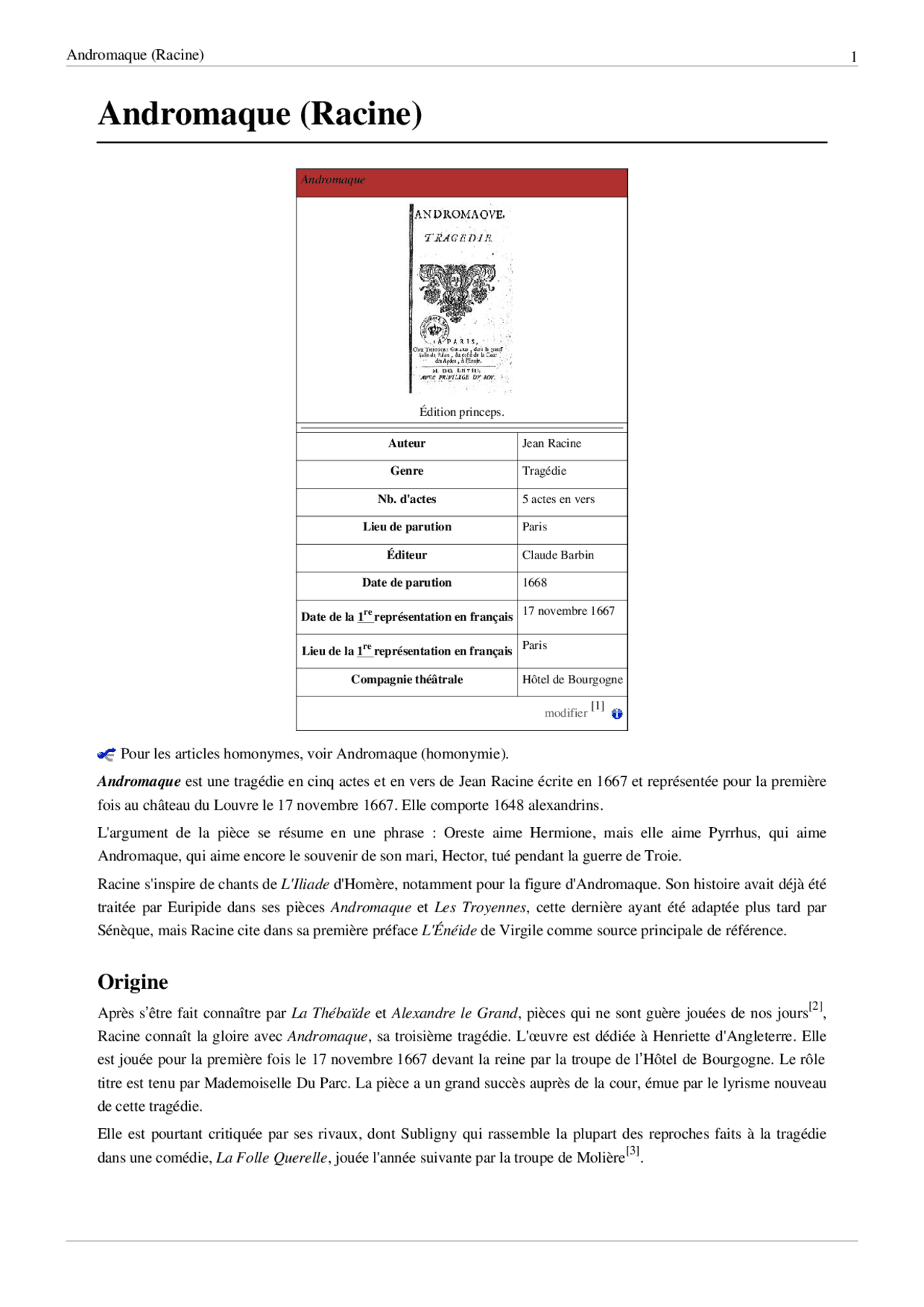 Résumé court d'Andromaque de Racine | Résumés Théâtre | Docsity
