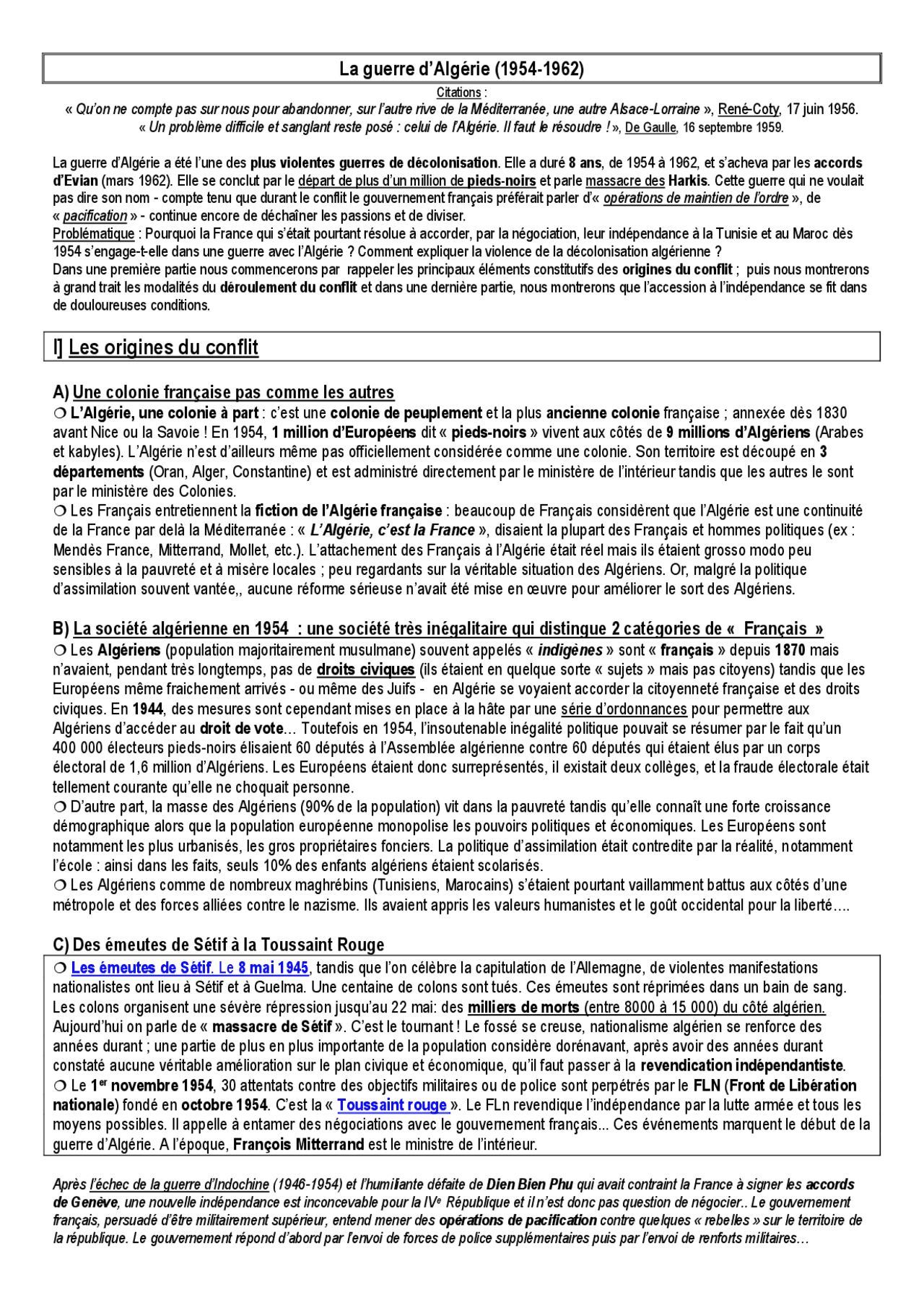 La Guerre D'algérie 1954 à 1962 Résumé Pdf
