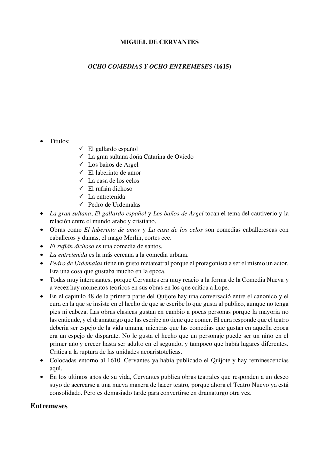 Resumen Y Explicacion De Los Entremeses De Cervantes Docsity