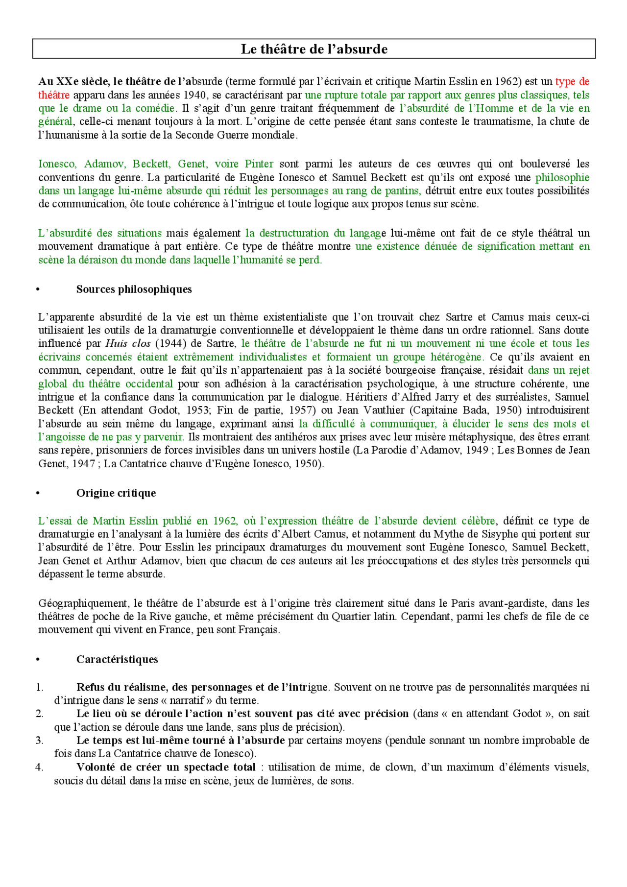 Le théâtre de l’absurde Définition et Caractéristiques Docsity