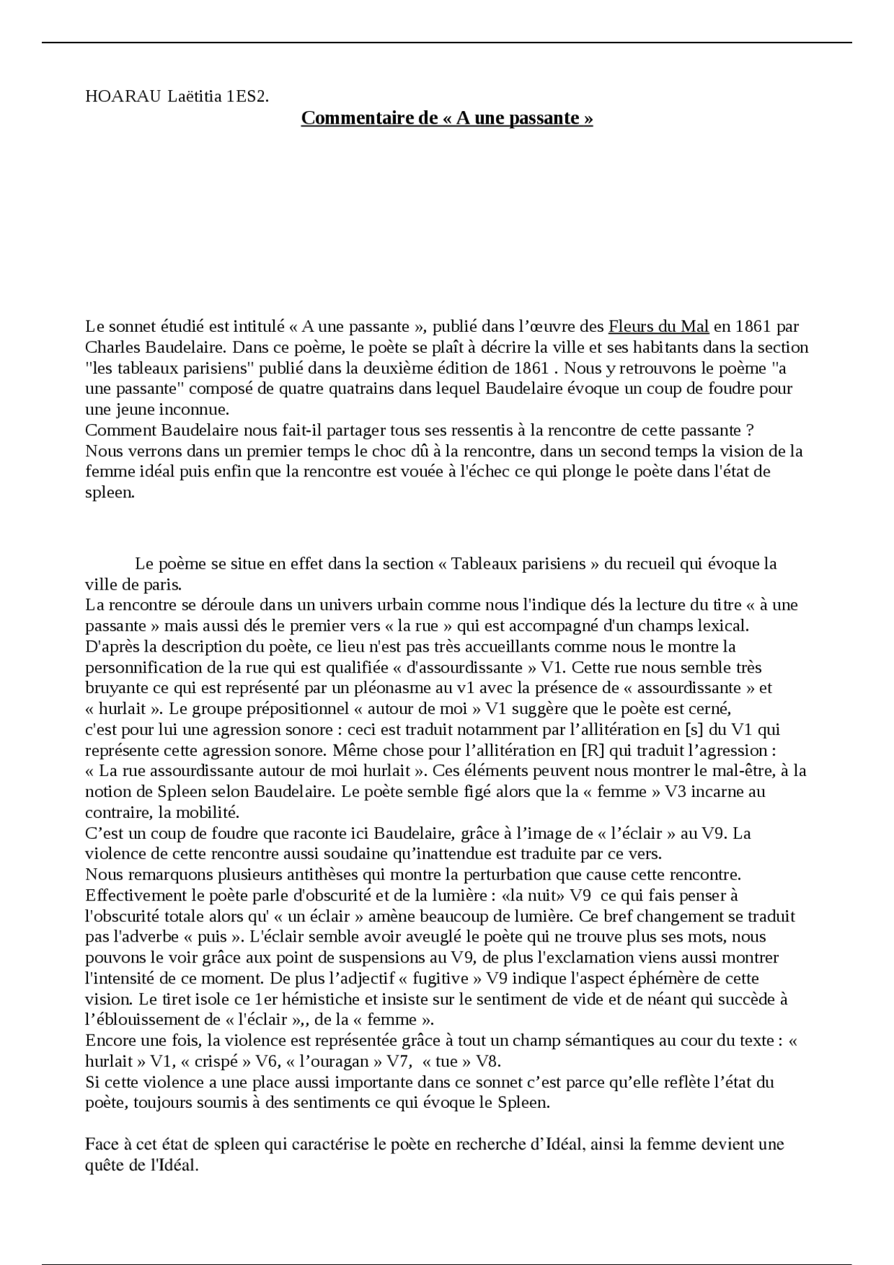 A Une Passante Baudelaire Analyse Lineaire Commentaire de «À une passante», Baudelaire | Lectures Littérature | Docsity