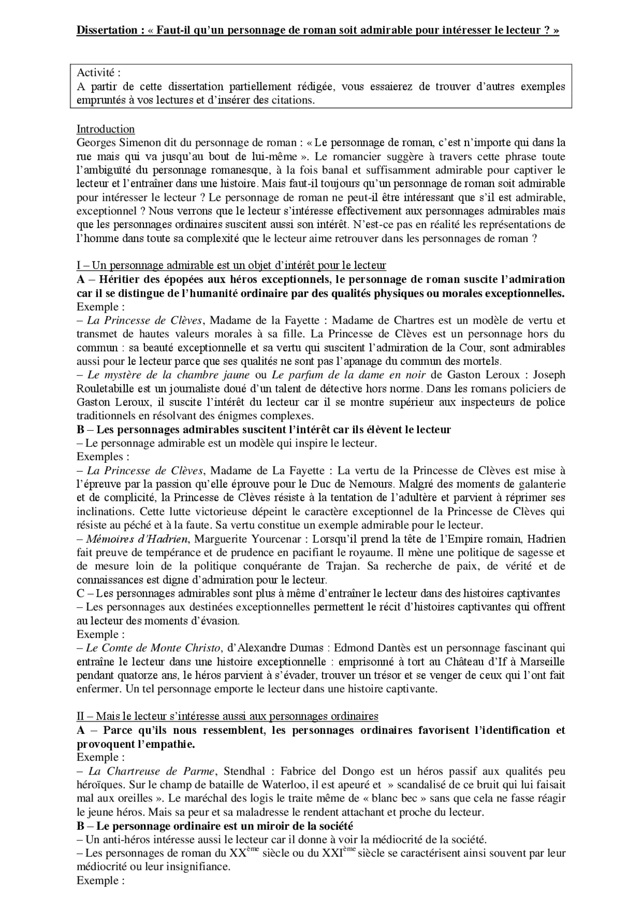 Qu Est Ce Qu Un Personnage Romanesque Faut-il qu'un personnage de roman soit admirable pour intéresser le  lecteur? | Thèse Littérature | Docsity