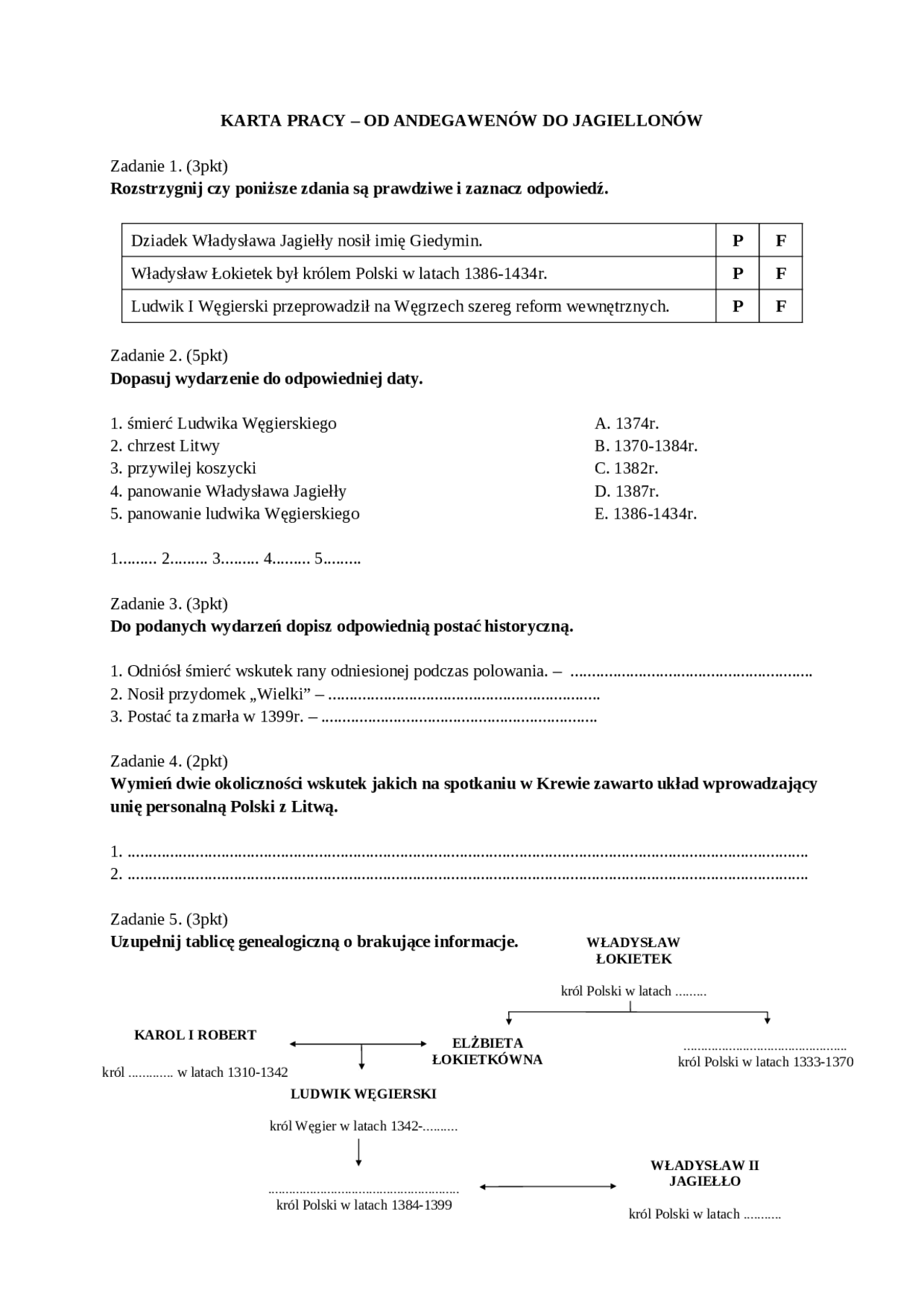 Sprawdzian Jagiellonowie Klasa 5